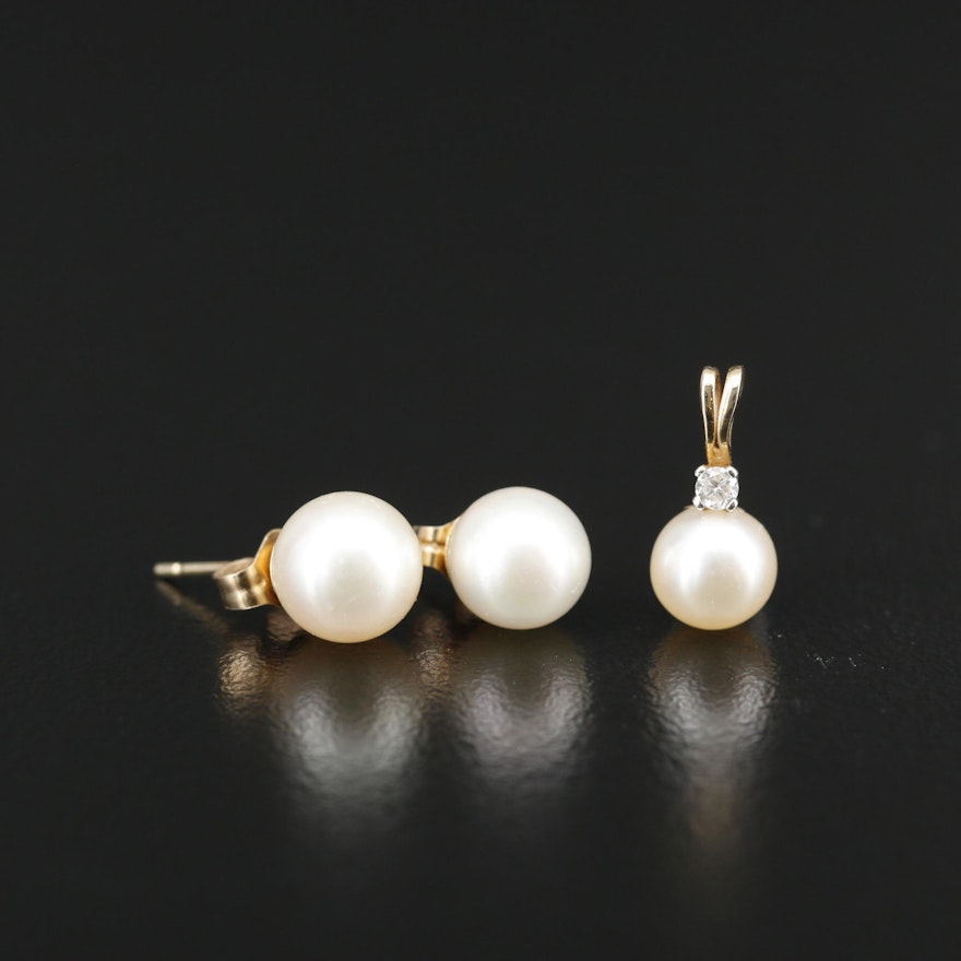 14K Pearl Stud Earrings and Pendant with a Sapphire Accent