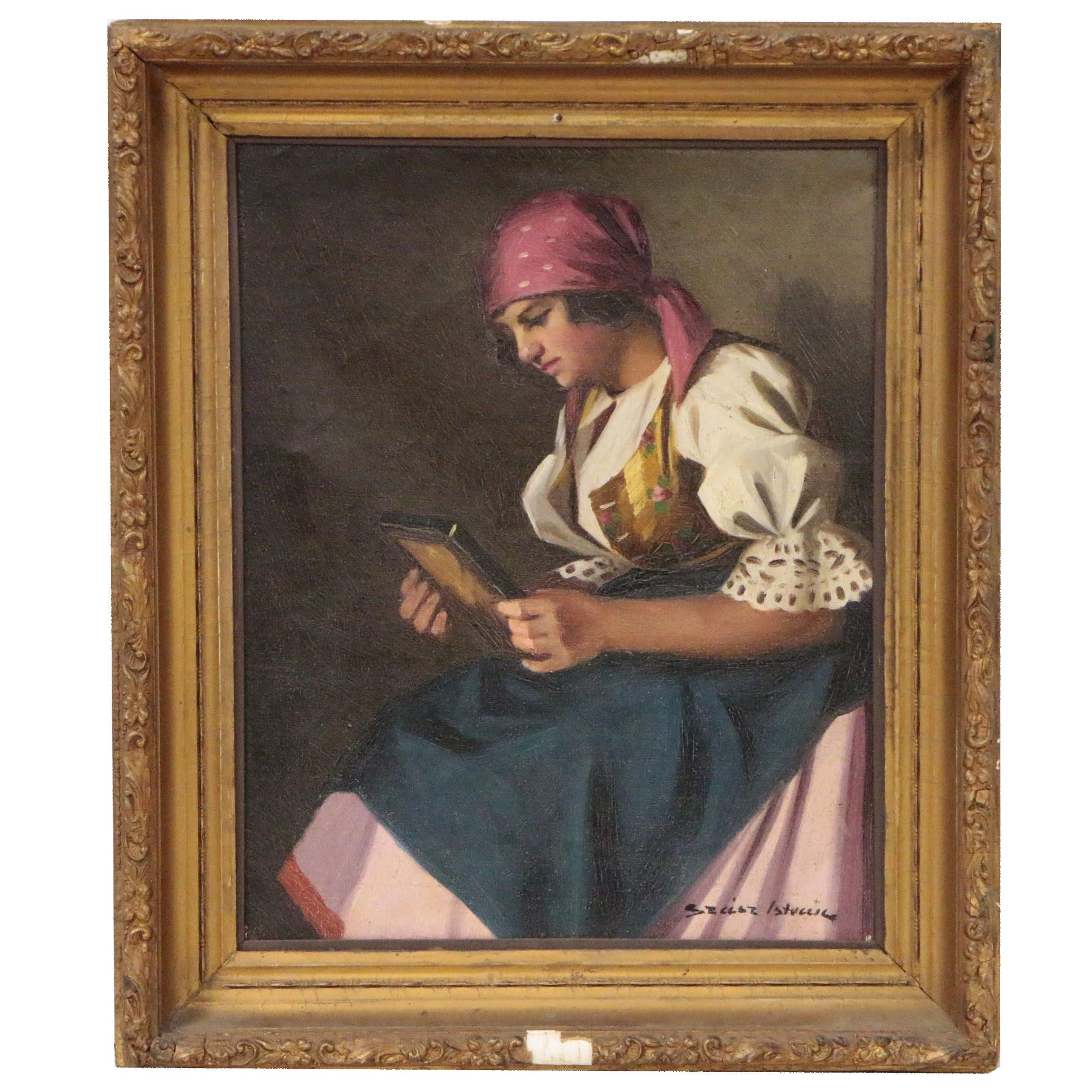 Istvan Szasz Oil Painting Portrait of a Young Woman, Early 20th century