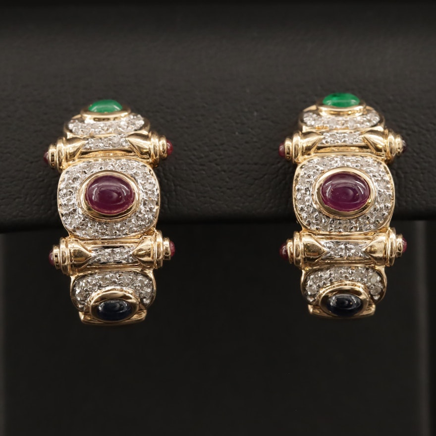 14K Ruby, Sapphire, Emerald and Diamond Half Hoop Earrings