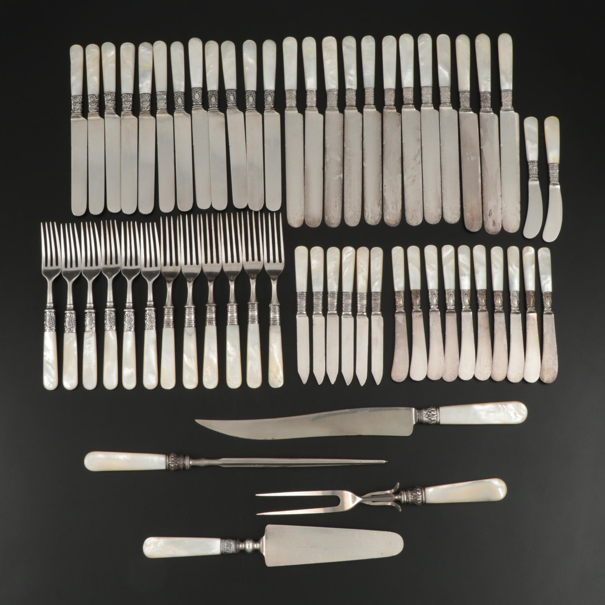 Mother-of-Pearl Handle Flatware with Sterling Silver Bolsters, Late Victorian