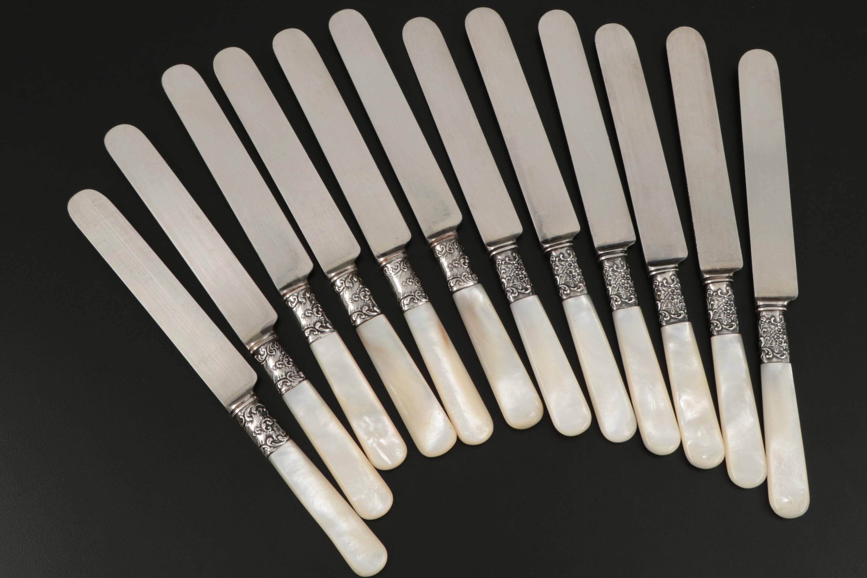 Mother-of-Pearl Handle Flatware with Sterling Silver Bolsters, Late Victorian