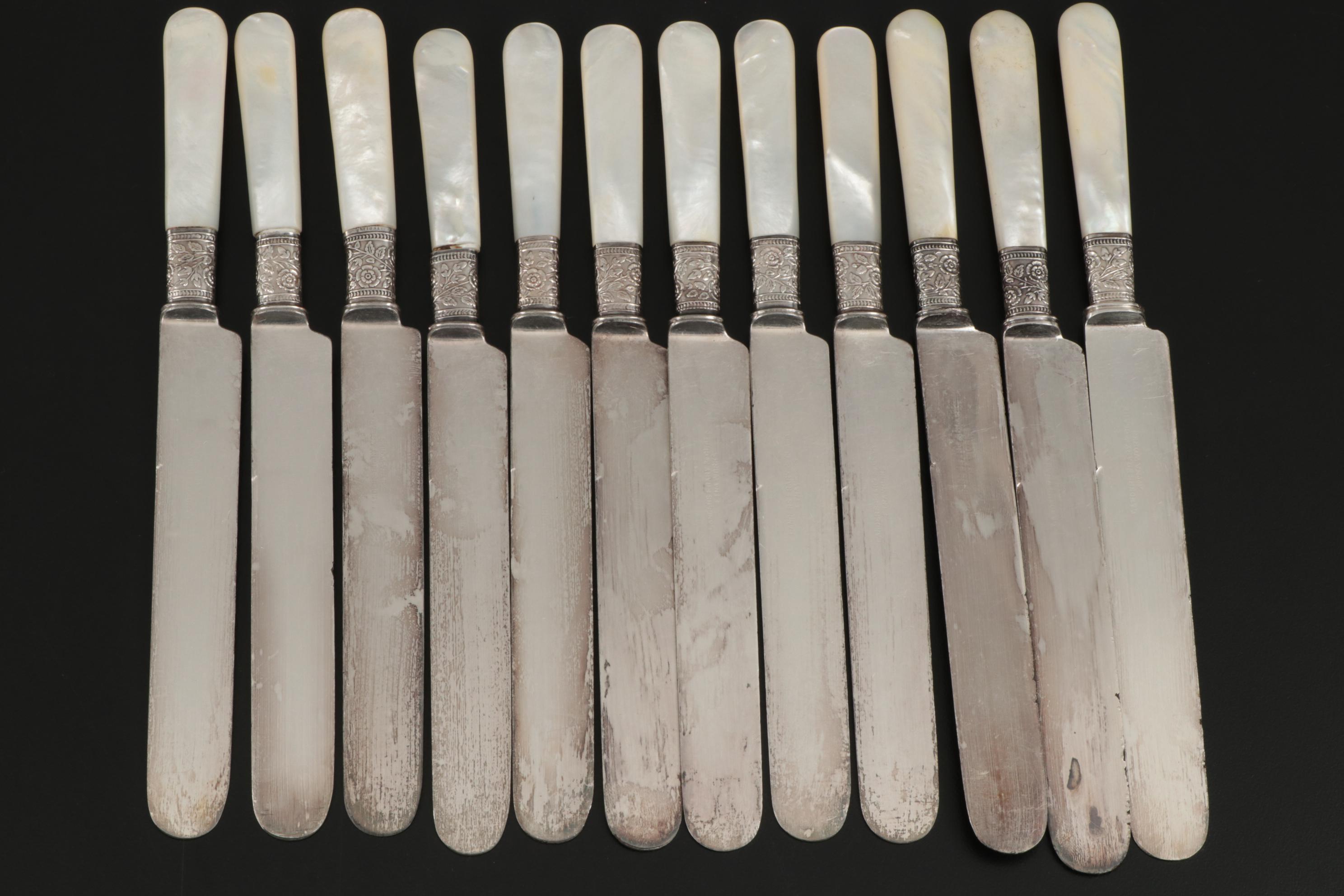 Mother-of-Pearl Handle Flatware with Sterling Silver Bolsters, Late Victorian