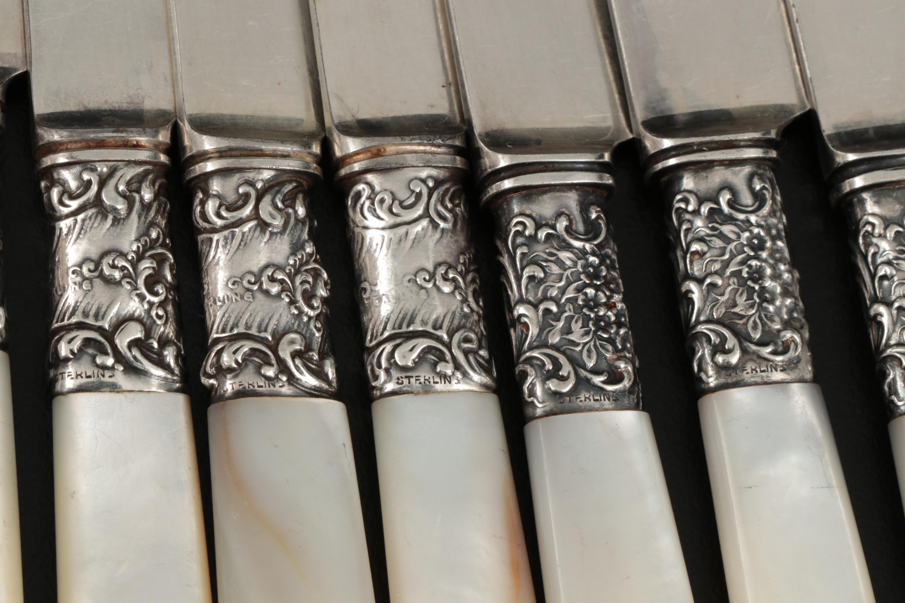 Mother-of-Pearl Handle Flatware with Sterling Silver Bolsters, Late Victorian