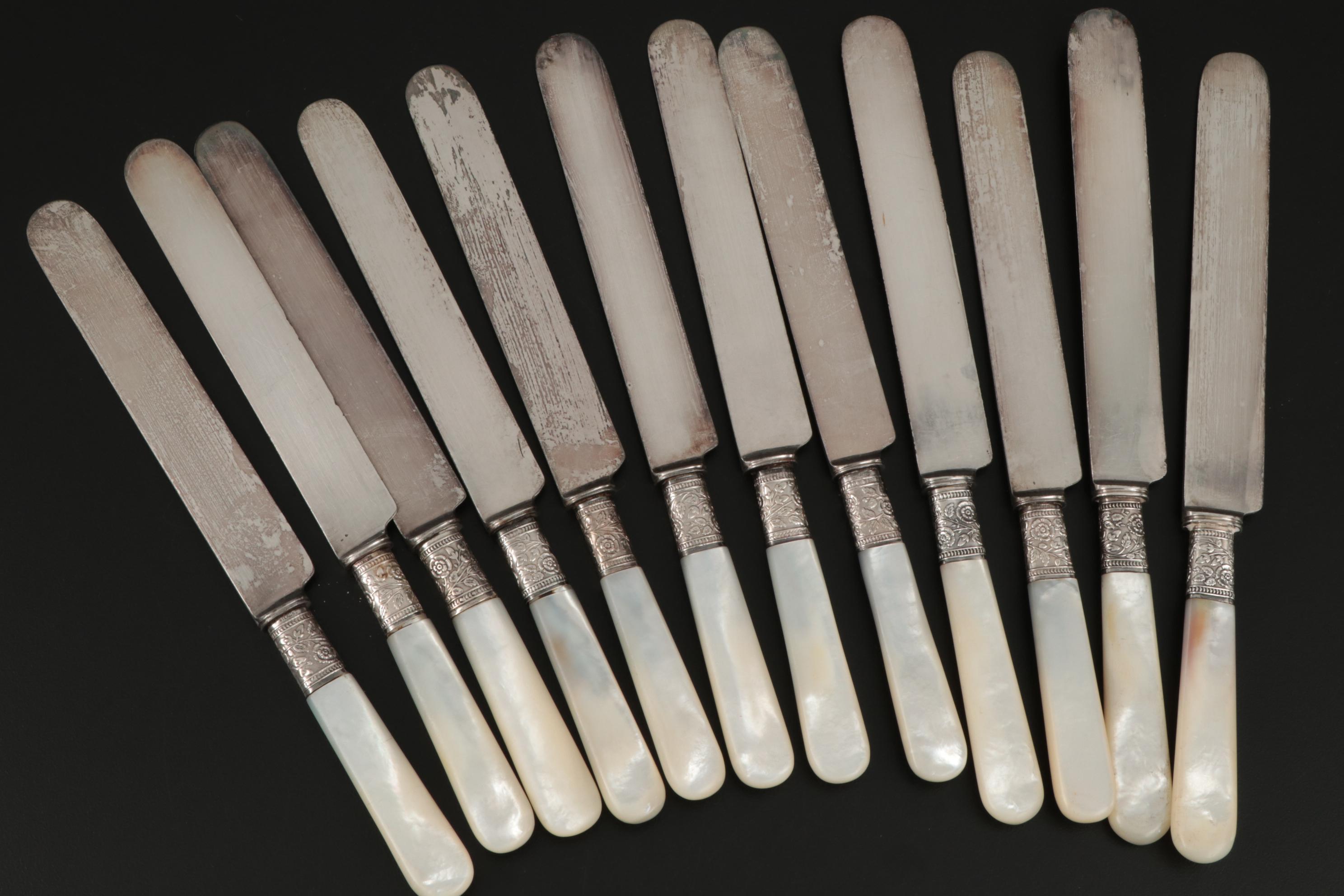 Mother-of-Pearl Handle Flatware with Sterling Silver Bolsters, Late Victorian
