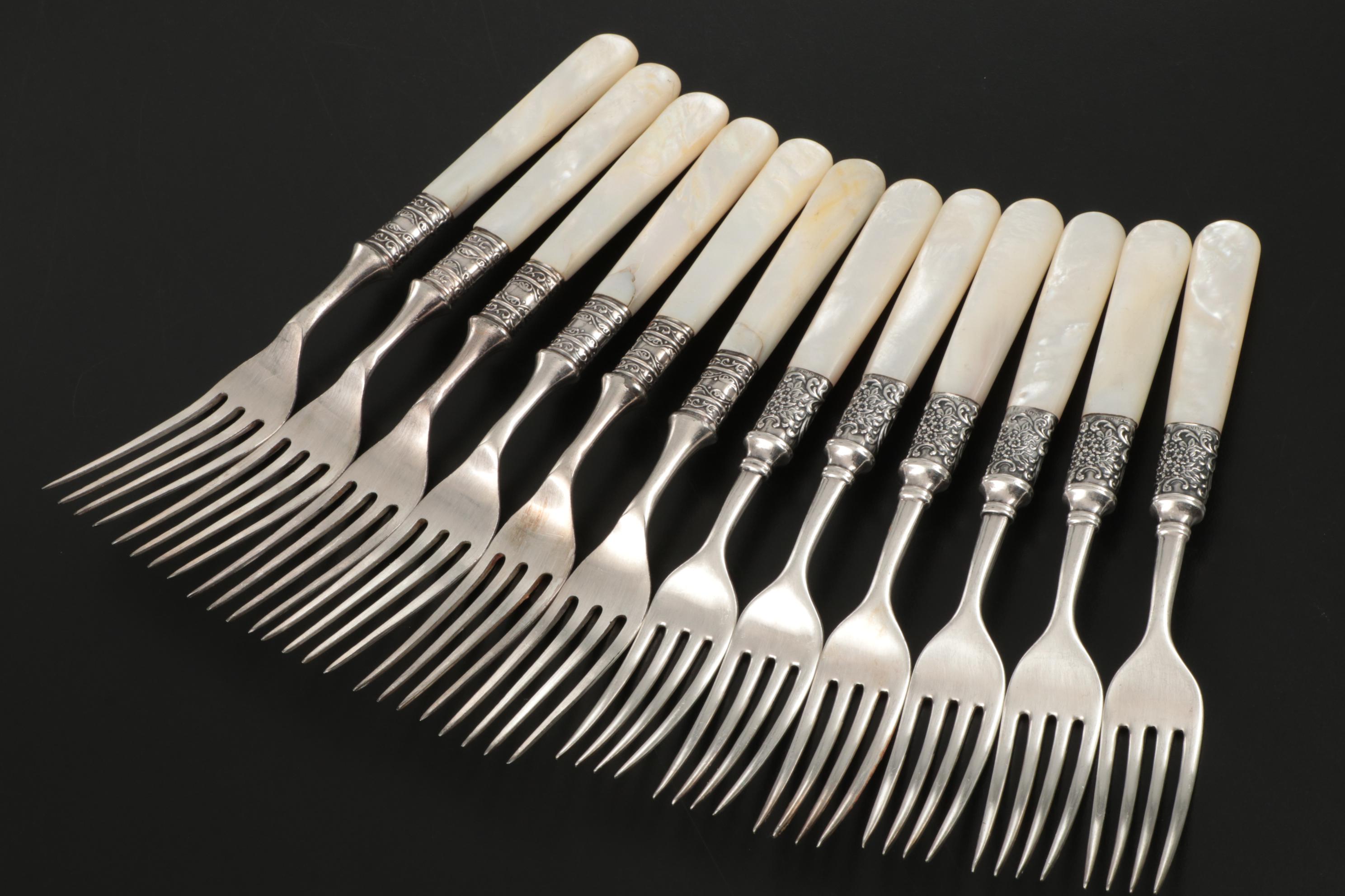 Mother-of-Pearl Handle Flatware with Sterling Silver Bolsters, Late Victorian