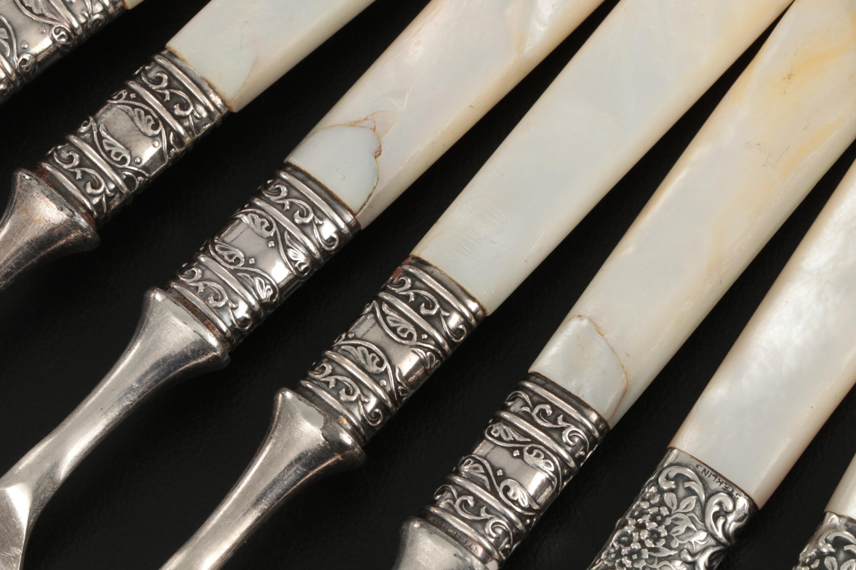 Mother-of-Pearl Handle Flatware with Sterling Silver Bolsters, Late Victorian