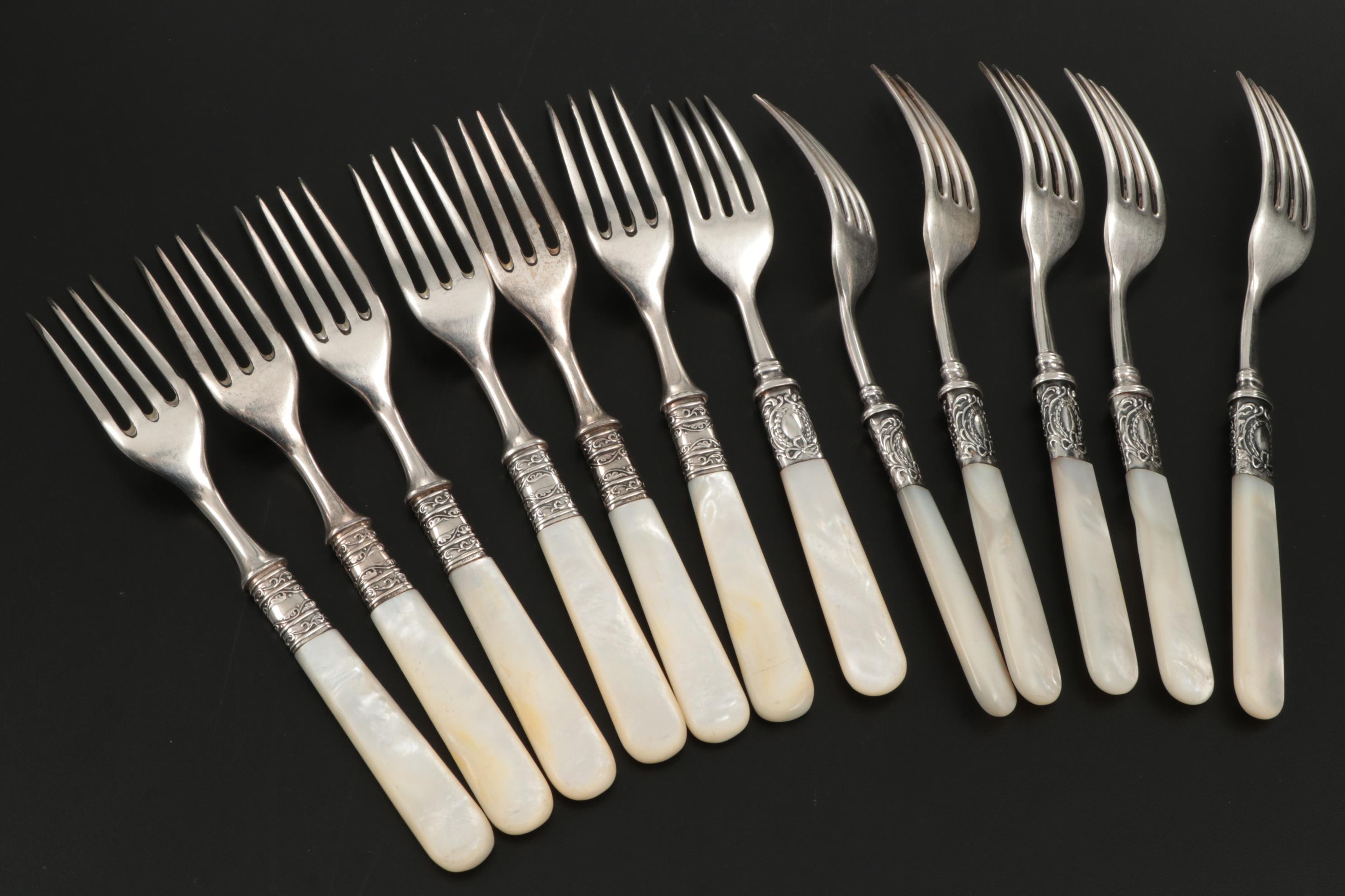 Mother-of-Pearl Handle Flatware with Sterling Silver Bolsters, Late Victorian