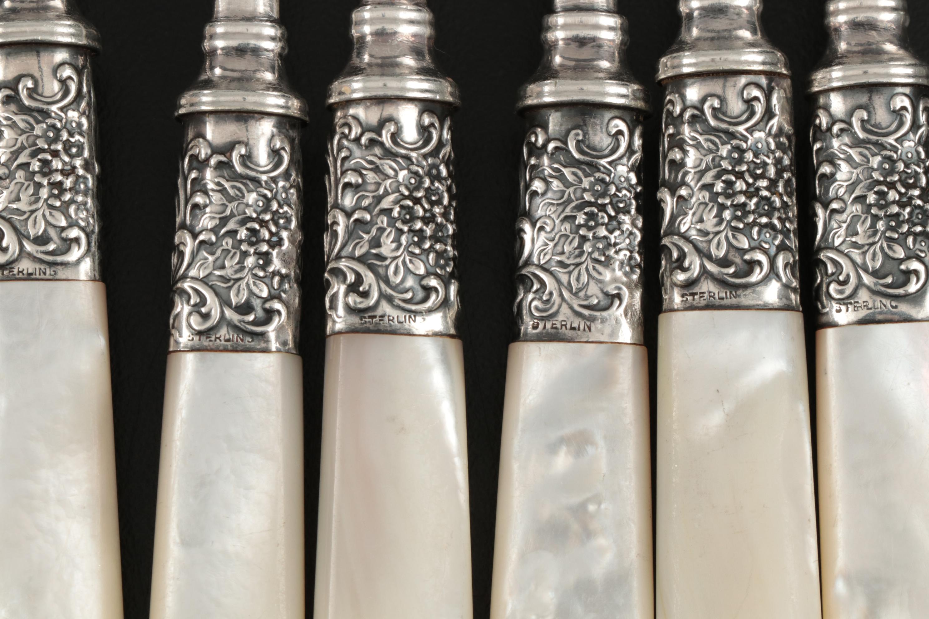 Mother-of-Pearl Handle Flatware with Sterling Silver Bolsters, Late Victorian
