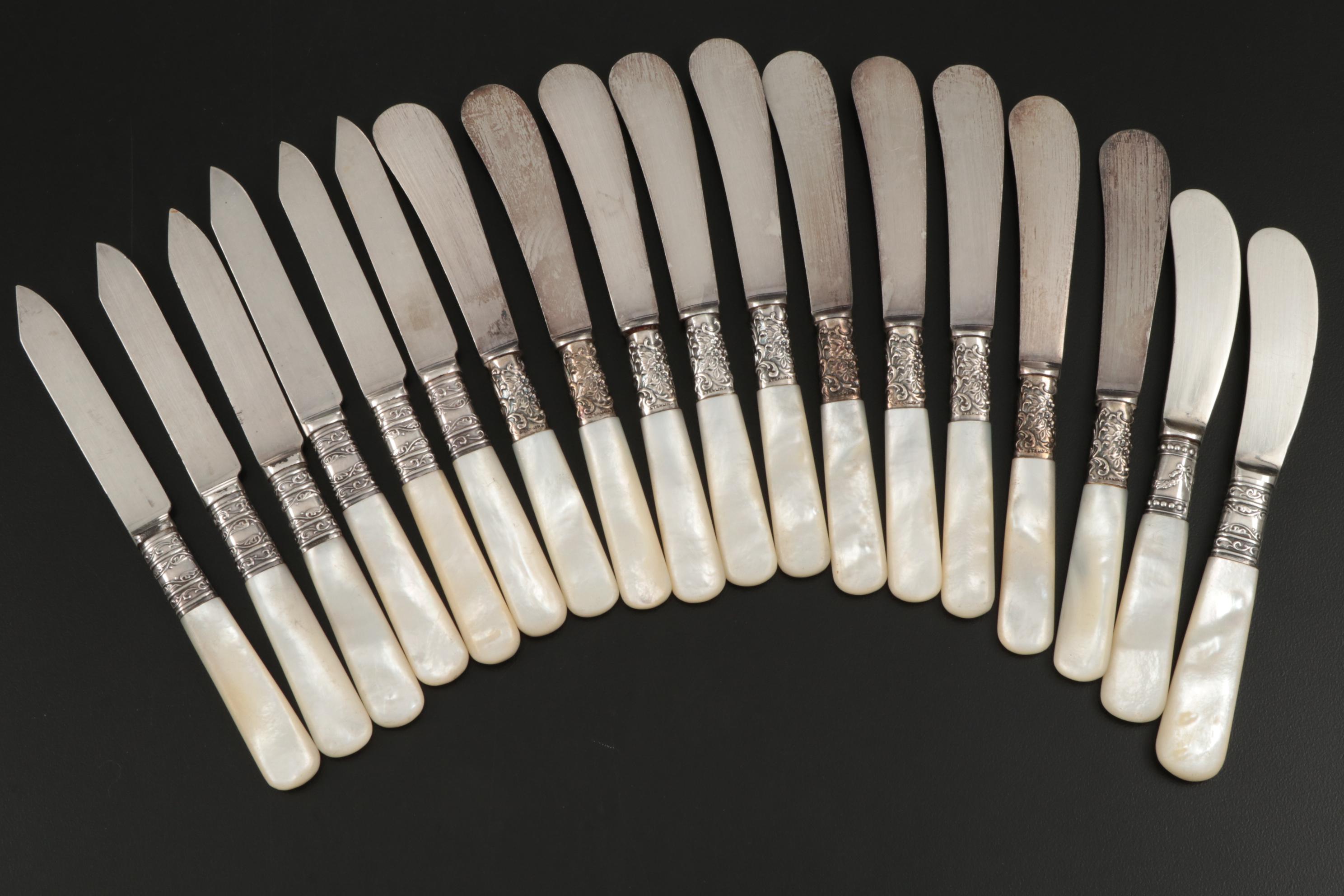 Mother-of-Pearl Handle Flatware with Sterling Silver Bolsters, Late Victorian