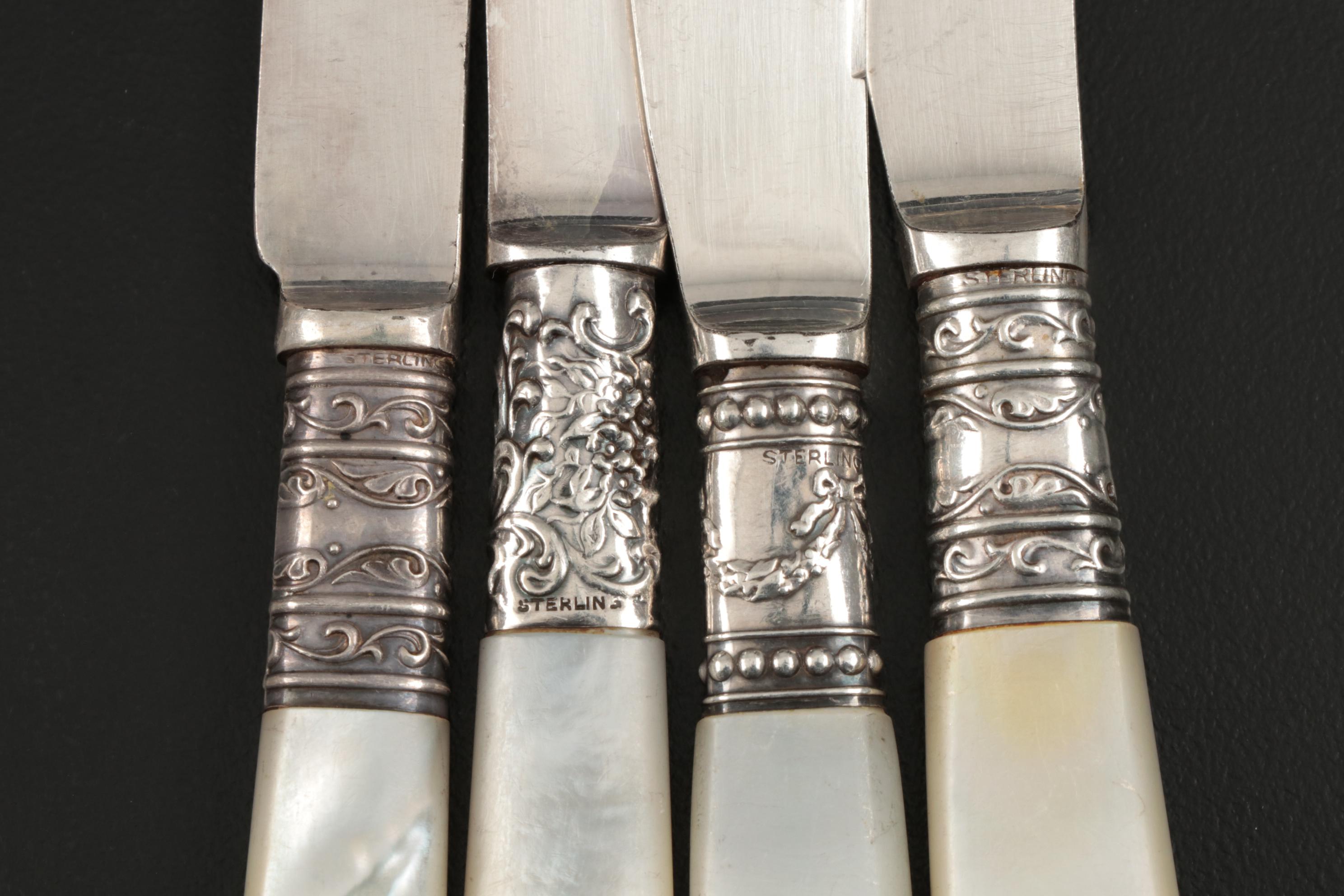 Mother-of-Pearl Handle Flatware with Sterling Silver Bolsters, Late Victorian