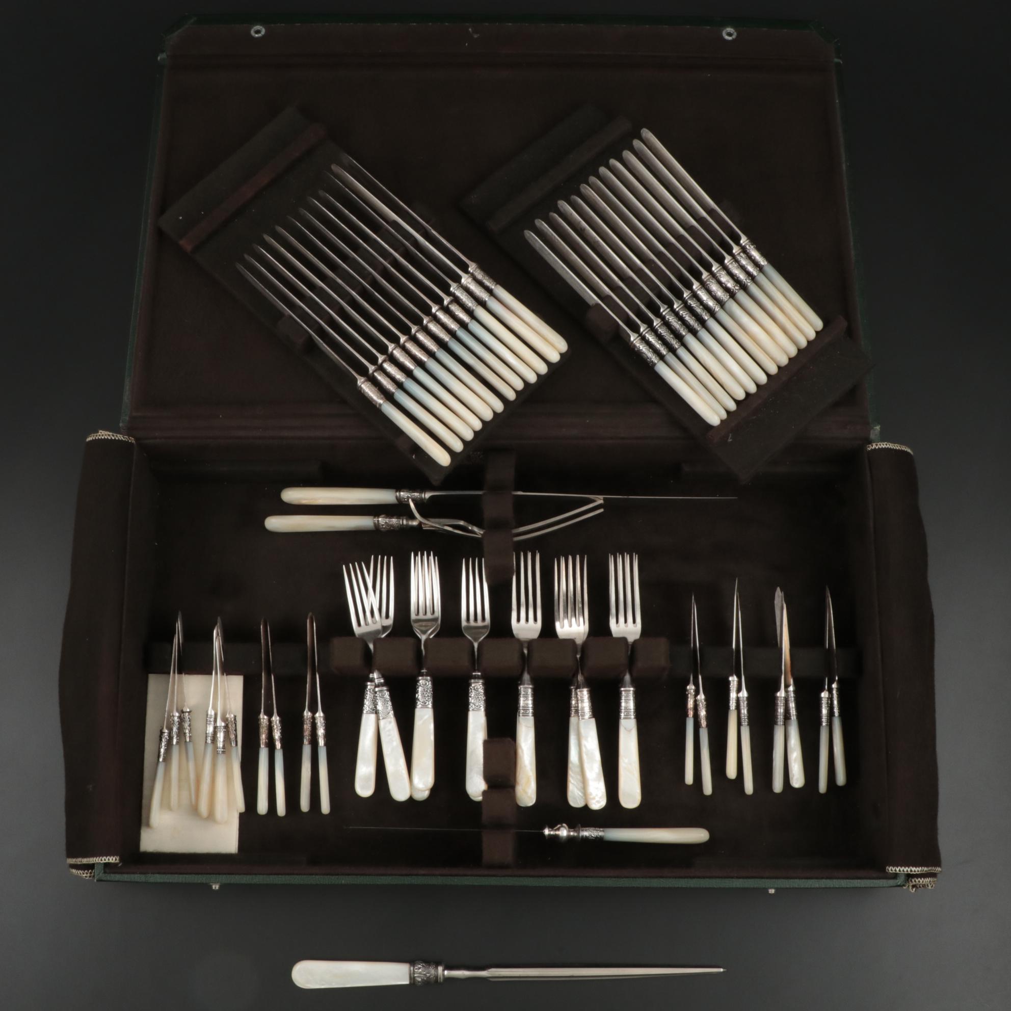 Mother-of-Pearl Handle Flatware with Sterling Silver Bolsters, Late Victorian