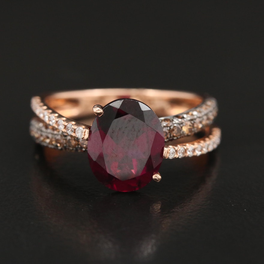 BH 14K Rose Gold Rhodolite Garnet and Diamond Crossover Ring