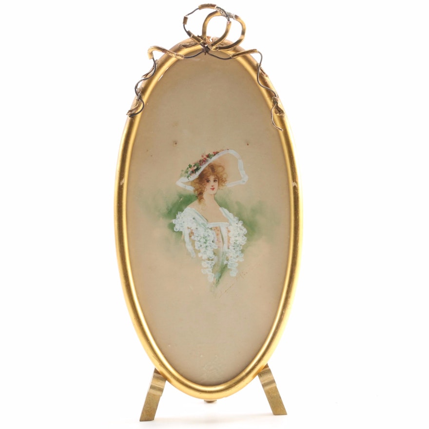 Hand-Painted Portrait in Gilt Frame on Wooden Stand