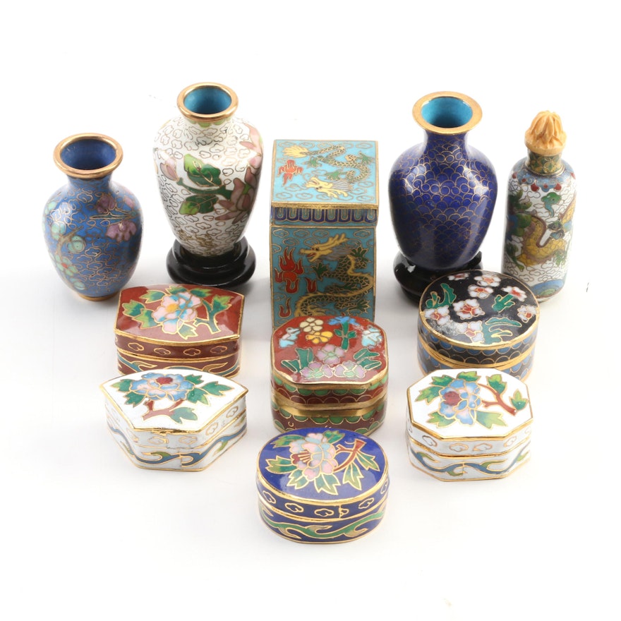 Chinese Cloisonné Vases and Snuff Bottle with Cloisonné Box Collection