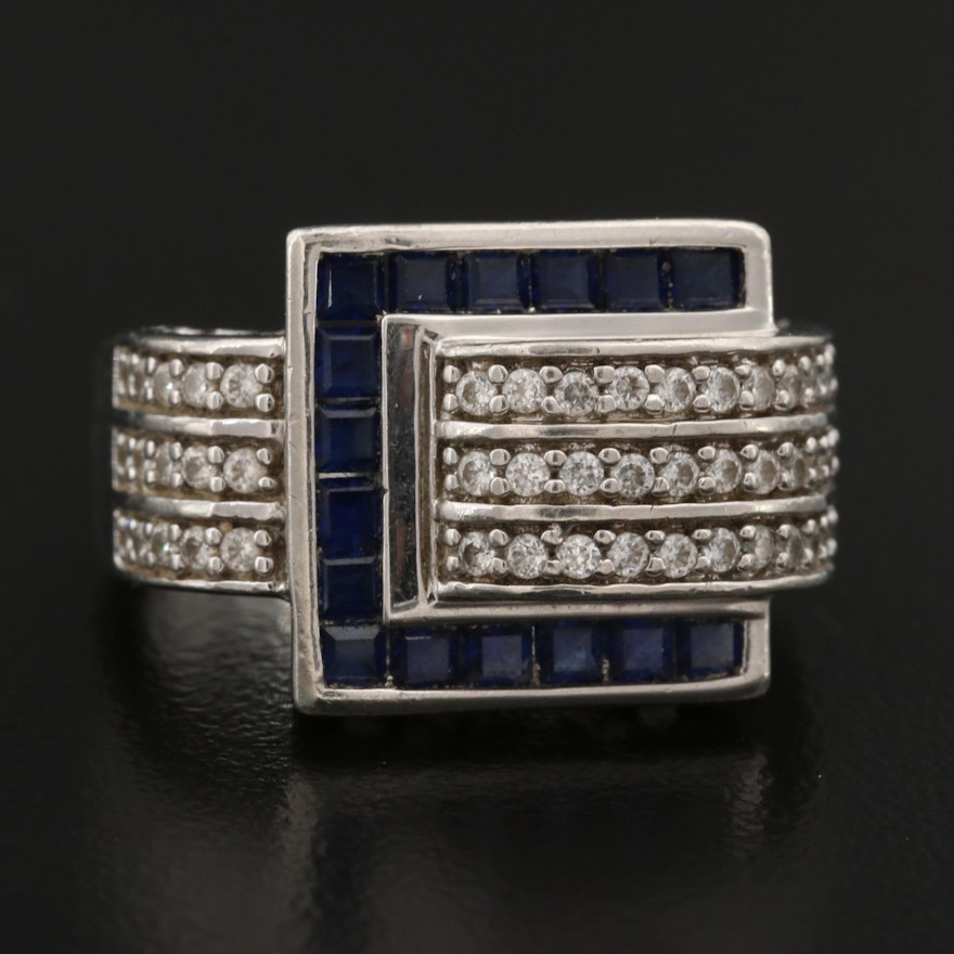 Sterling Silver Sapphire and Cubic Zirconia Buckle Ring