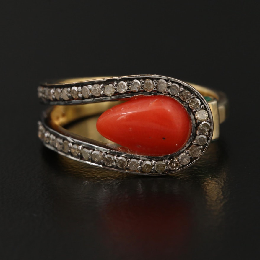 Sterling Silver Coral, Diamond and Emerald Ring