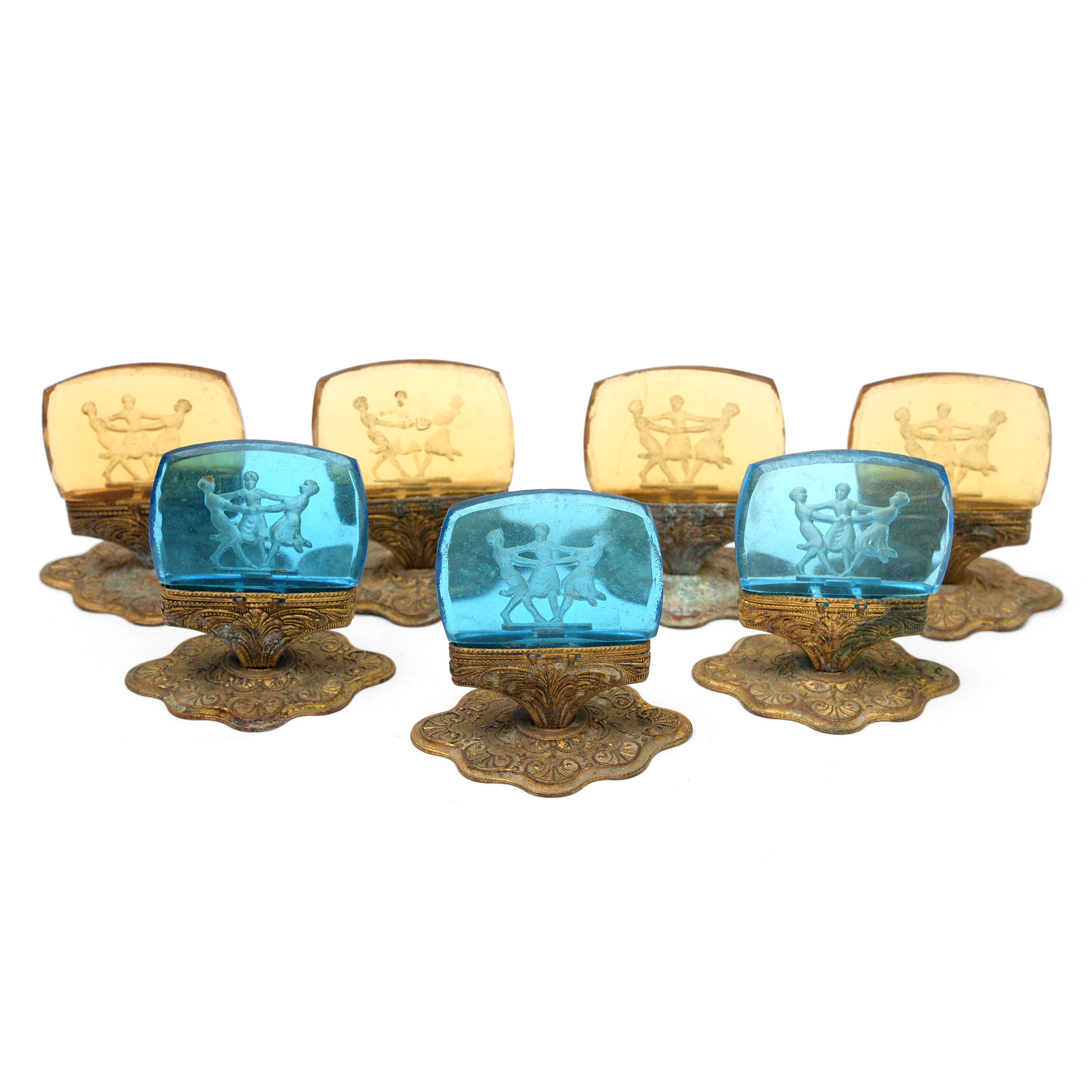 Intaglio Glass and Brass Place Card Holders, Early 20th Century