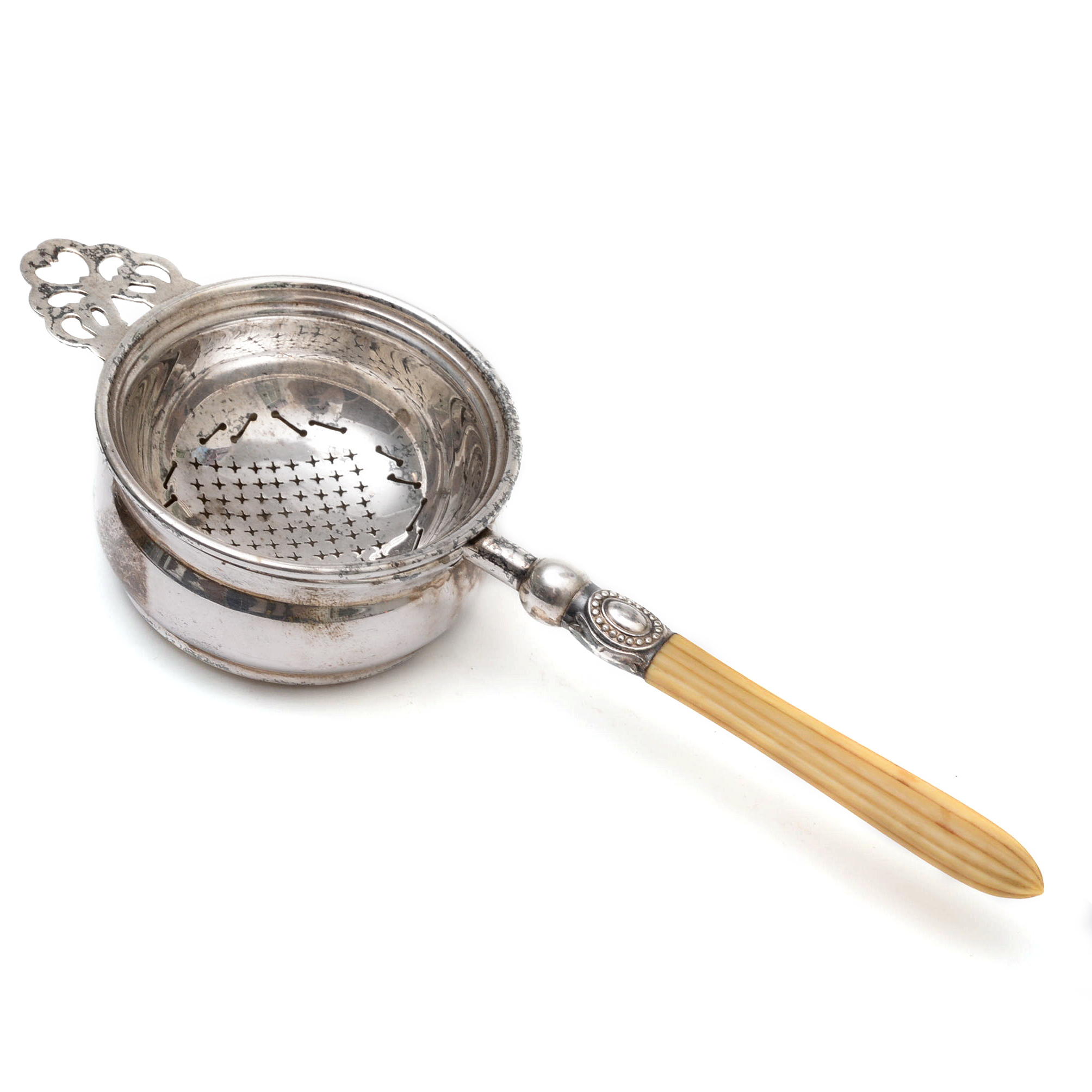 Silver Plate Tea Strainer with Resin Handle, Early to Mid 20th Century