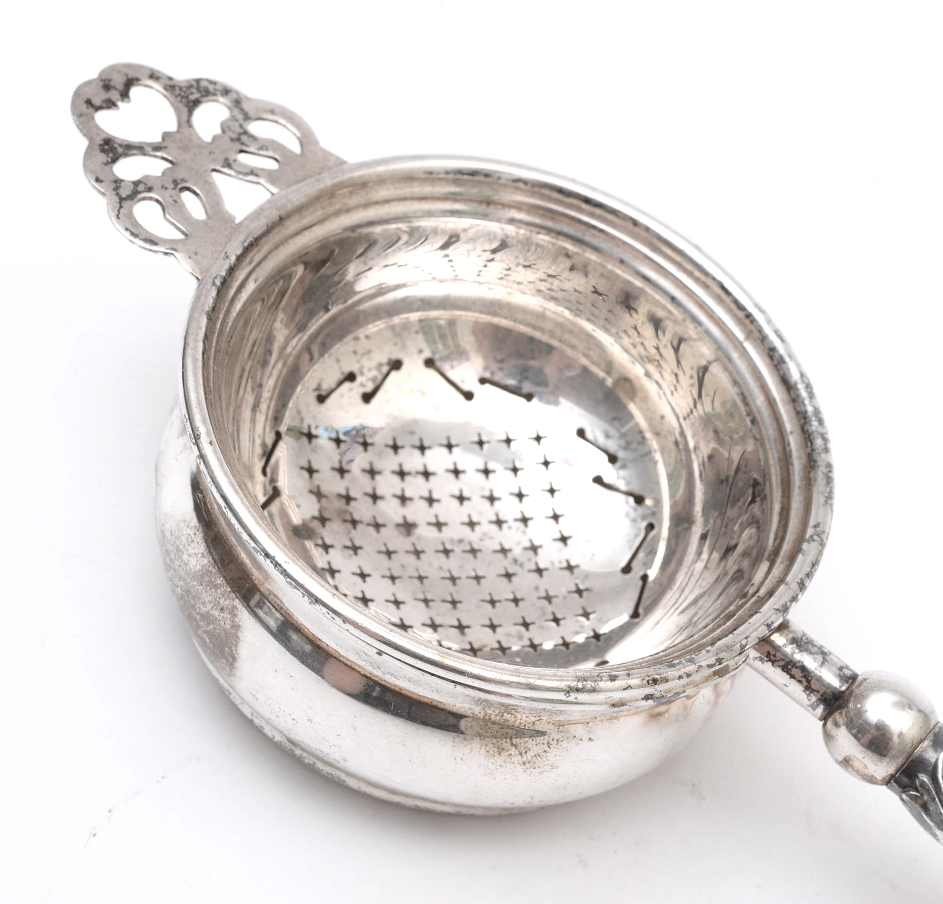Silver Plate Tea Strainer with Resin Handle, Early to Mid 20th Century