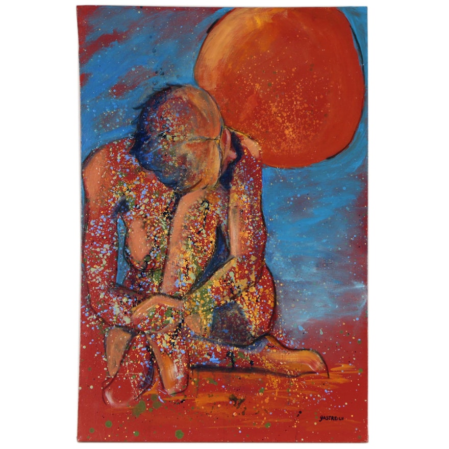 Pat Gastreich Abstract Figural Oil Painting of Seated Woman with Moon