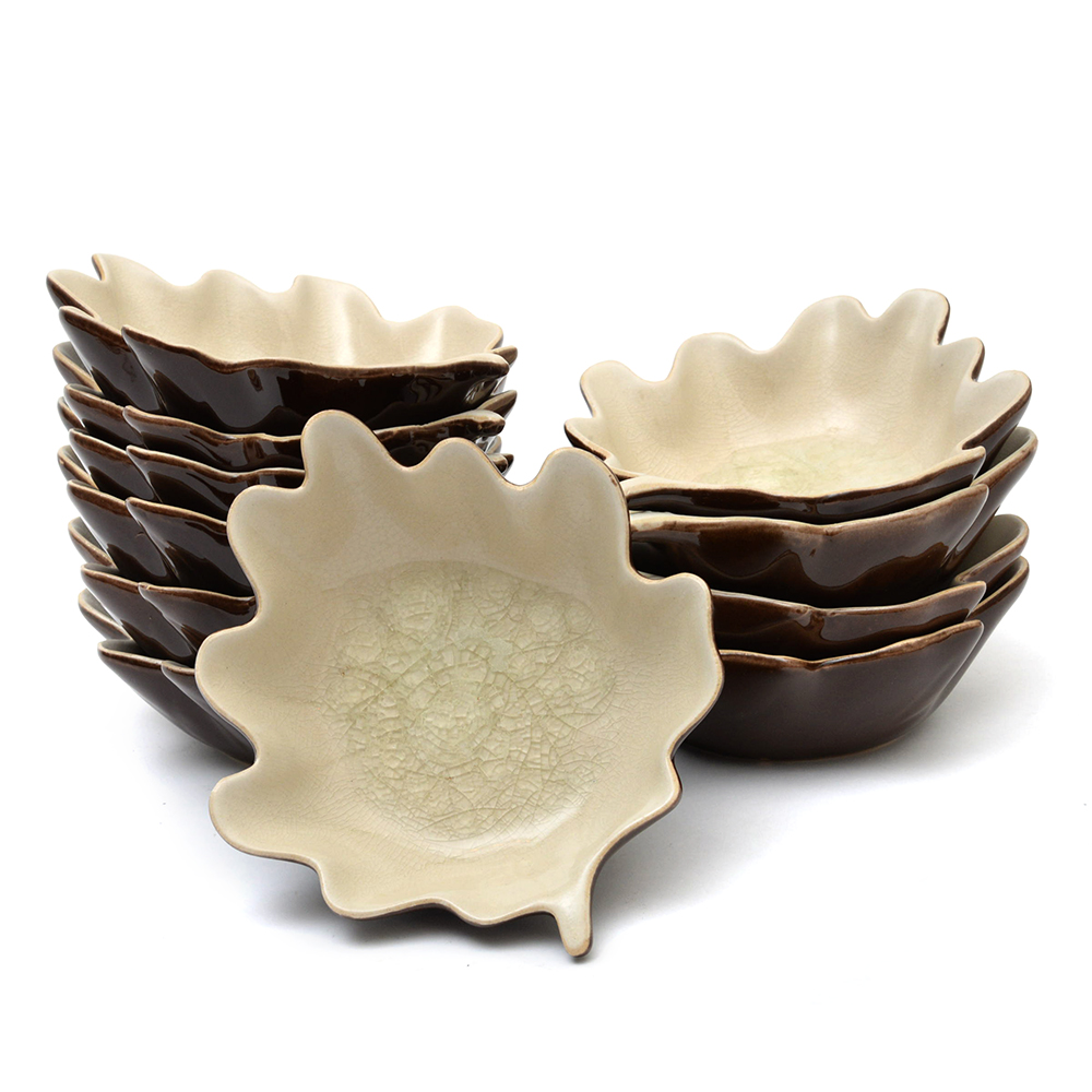 Twleve Brown And White Leaf Pottery Bowls