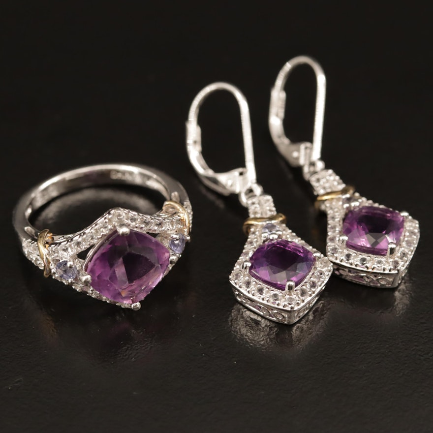 Sterling Silver Amethyst, Tanzanite and White Spinel Earrings and Ring