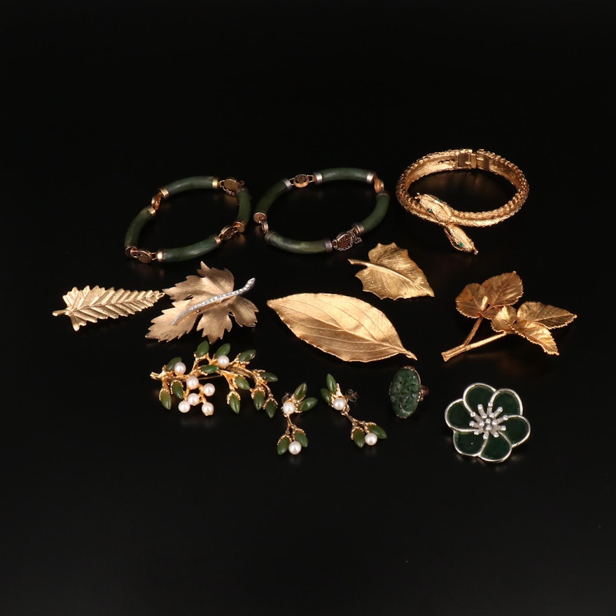 Collection of Jewelry Including Double Serpent Bracelet and Leaf Brooch