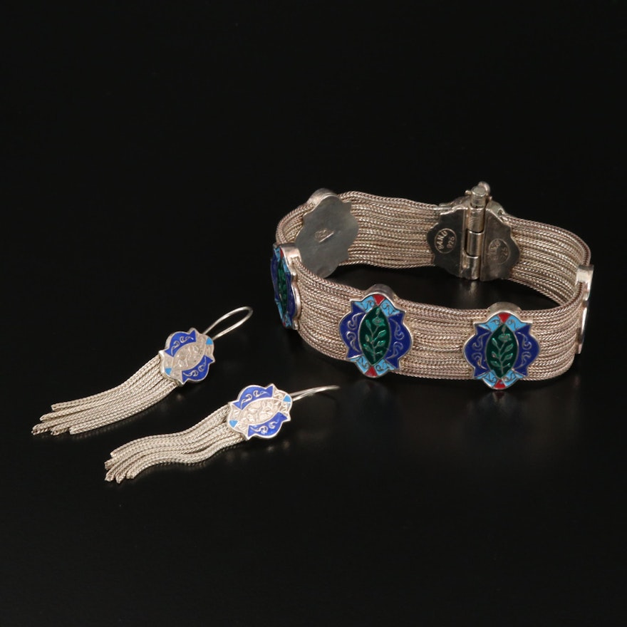 Sterling Champleve Enamel Bracelet and Tassel Earrings Set