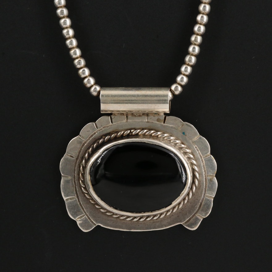 Sterling Black Onyx Pendant on Beaded Chain