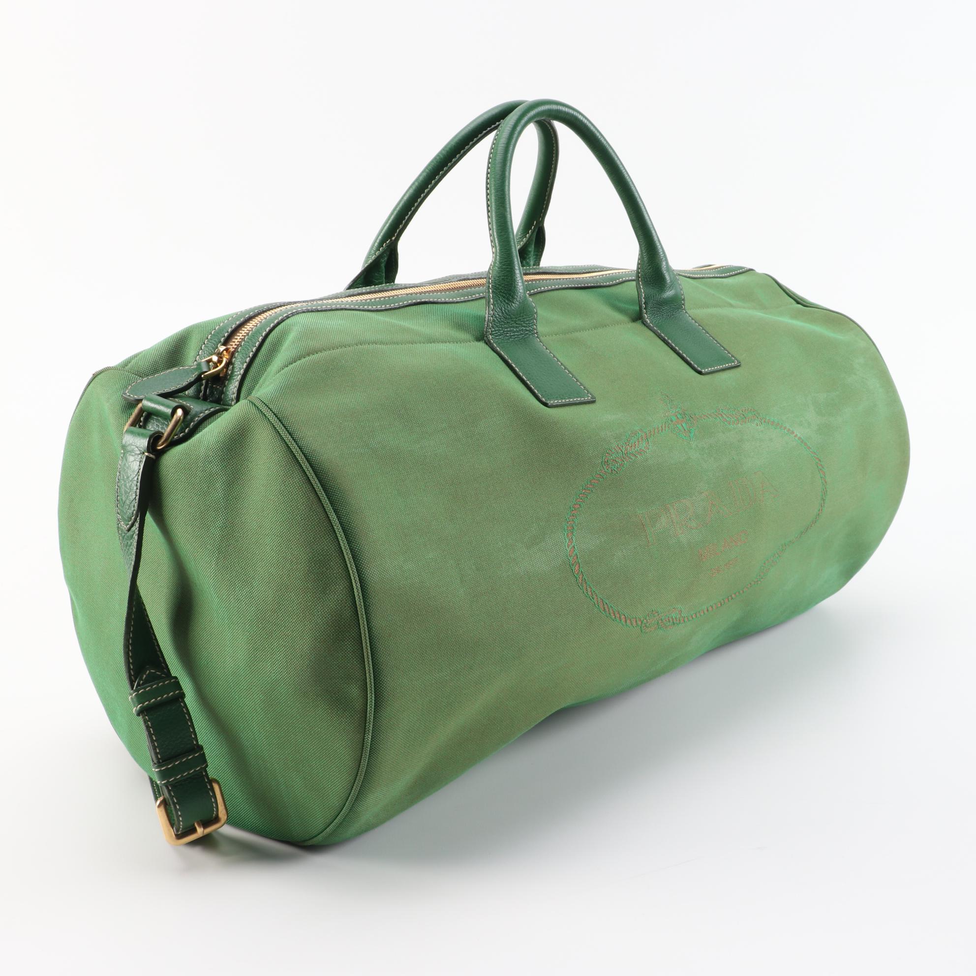 Prada Logo Duffel in Green Canapa Canvas and Grained Leather