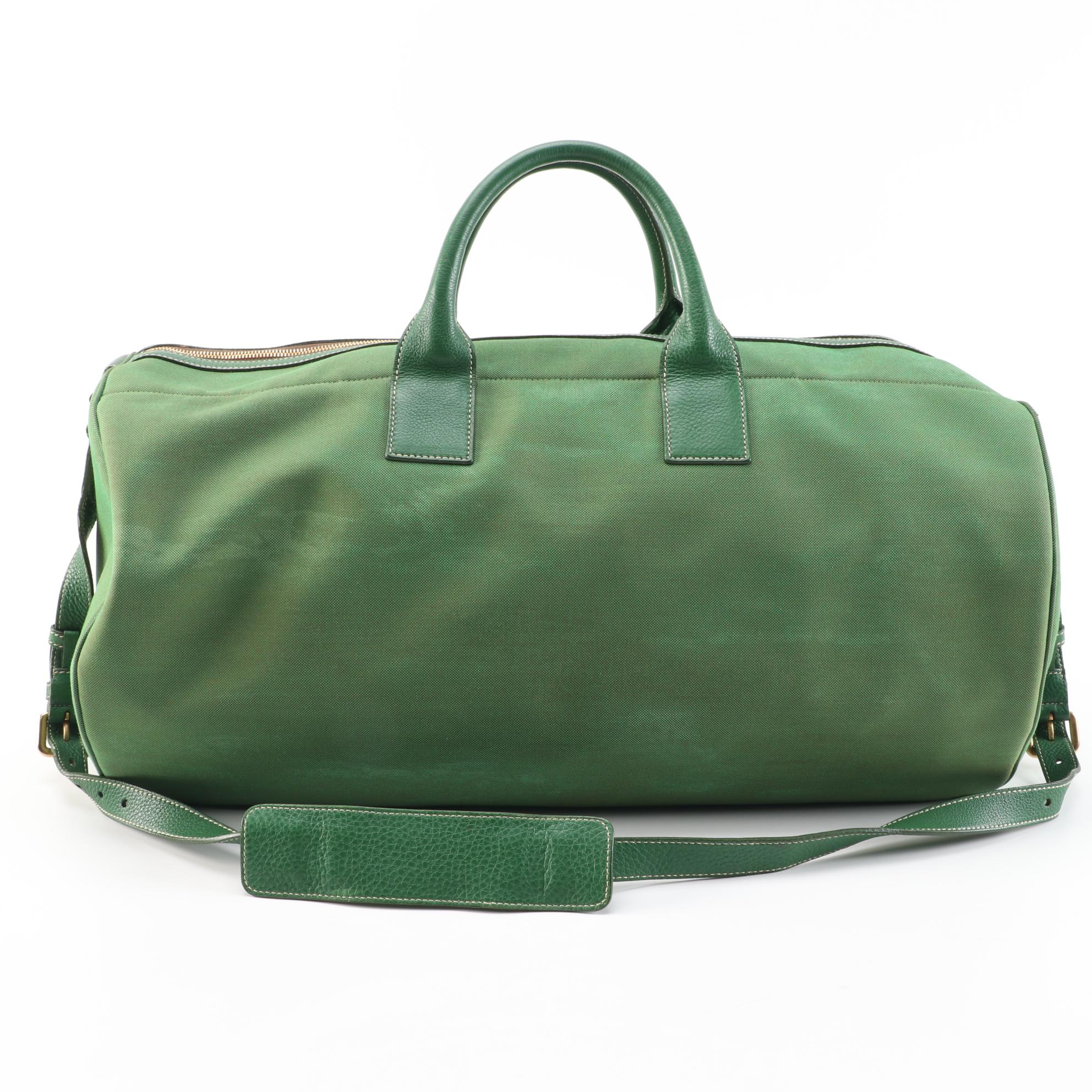 Prada Logo Duffel in Green Canapa Canvas and Grained Leather