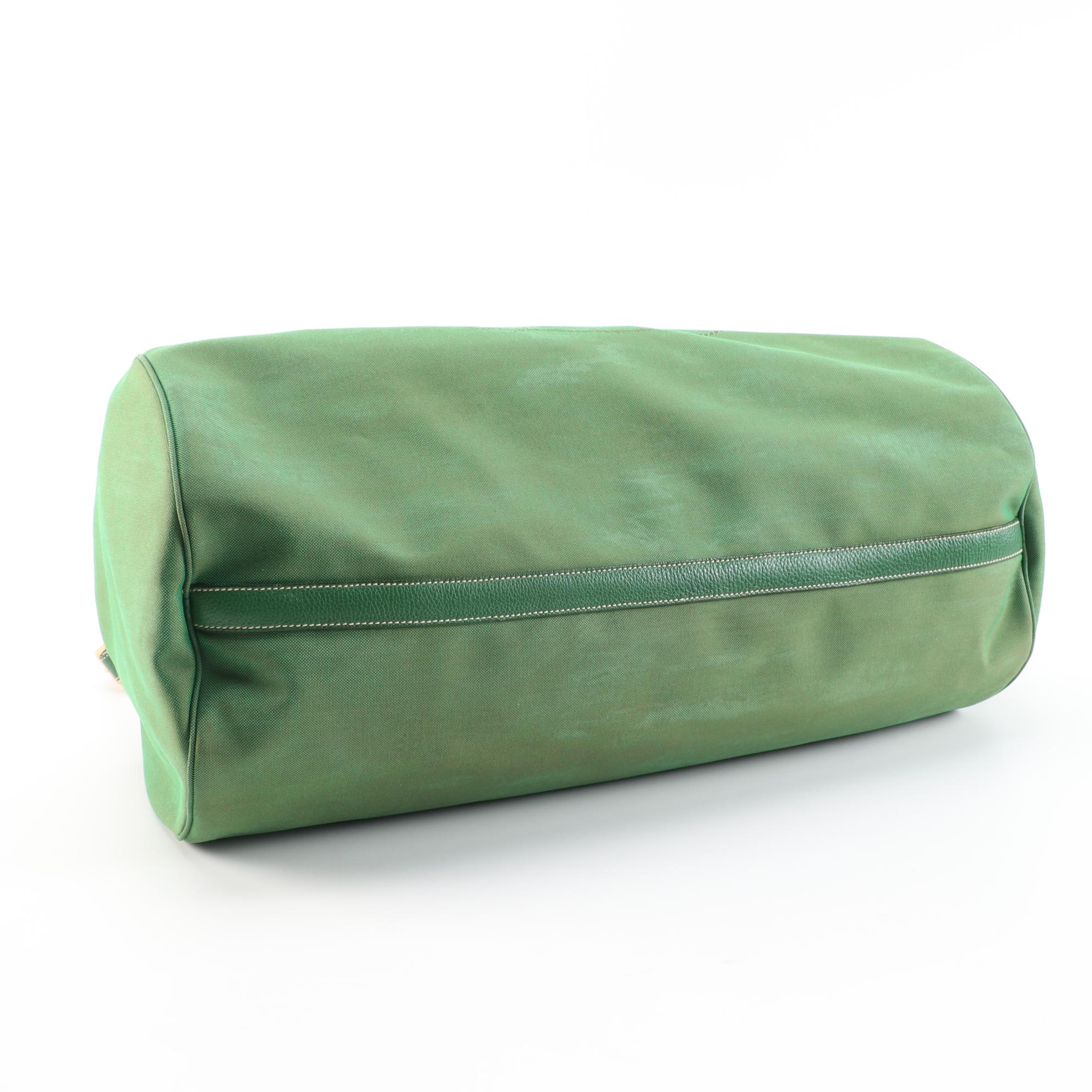 Prada Logo Duffel in Green Canapa Canvas and Grained Leather