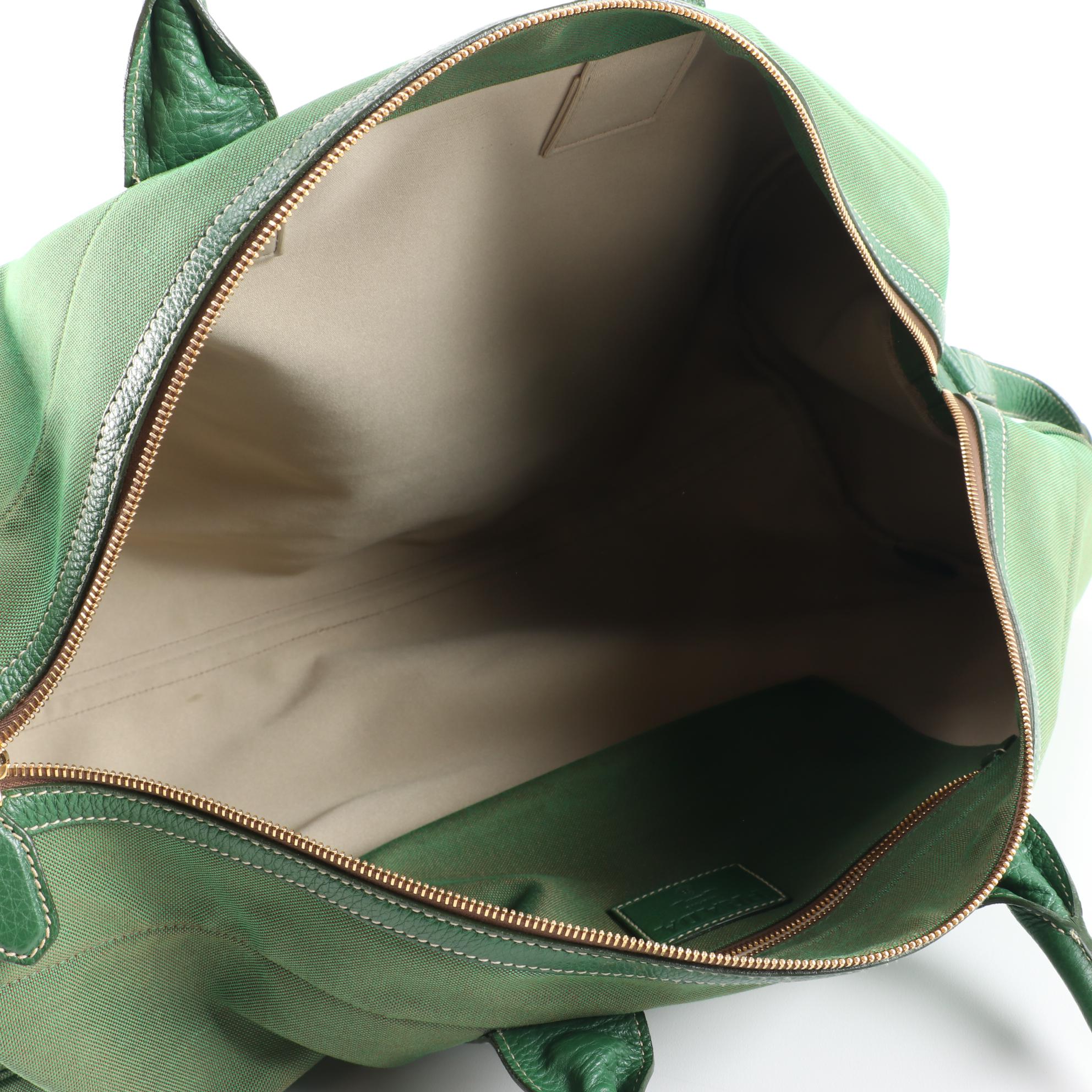 Prada Logo Duffel in Green Canapa Canvas and Grained Leather