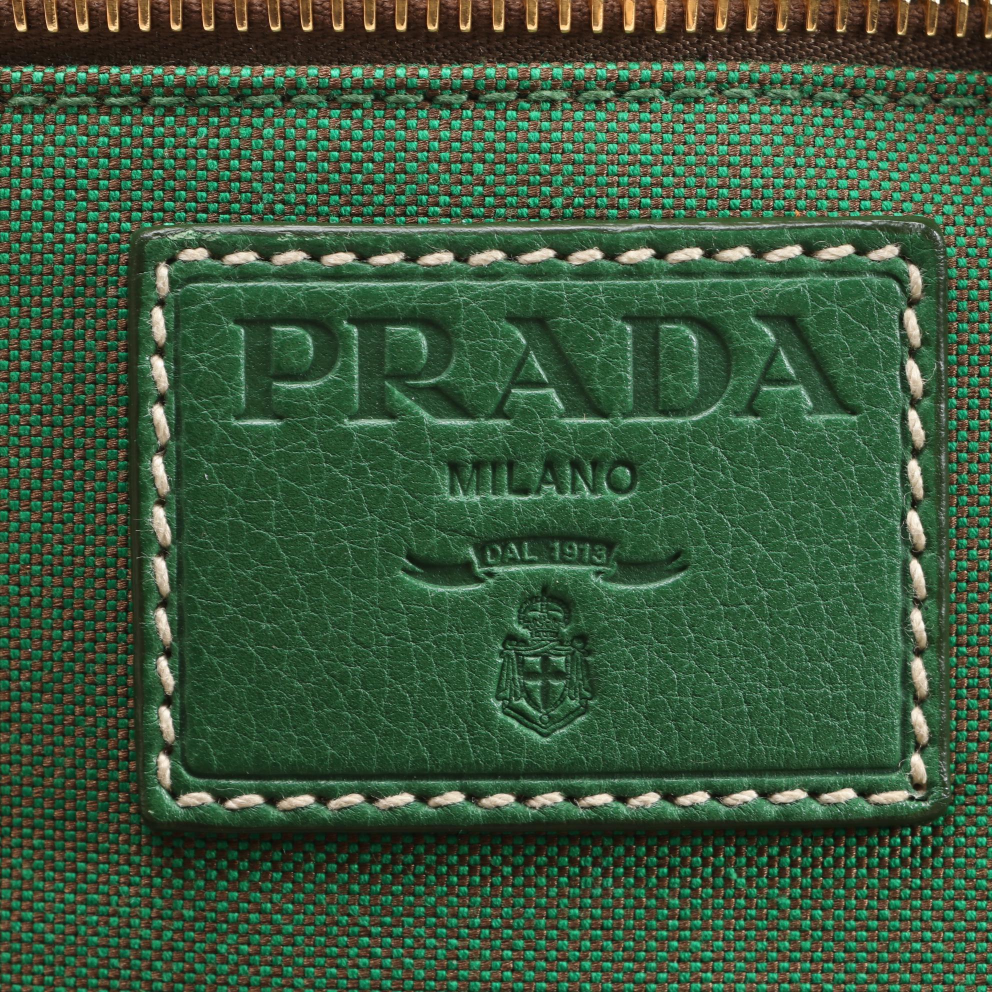 Prada Logo Duffel in Green Canapa Canvas and Grained Leather