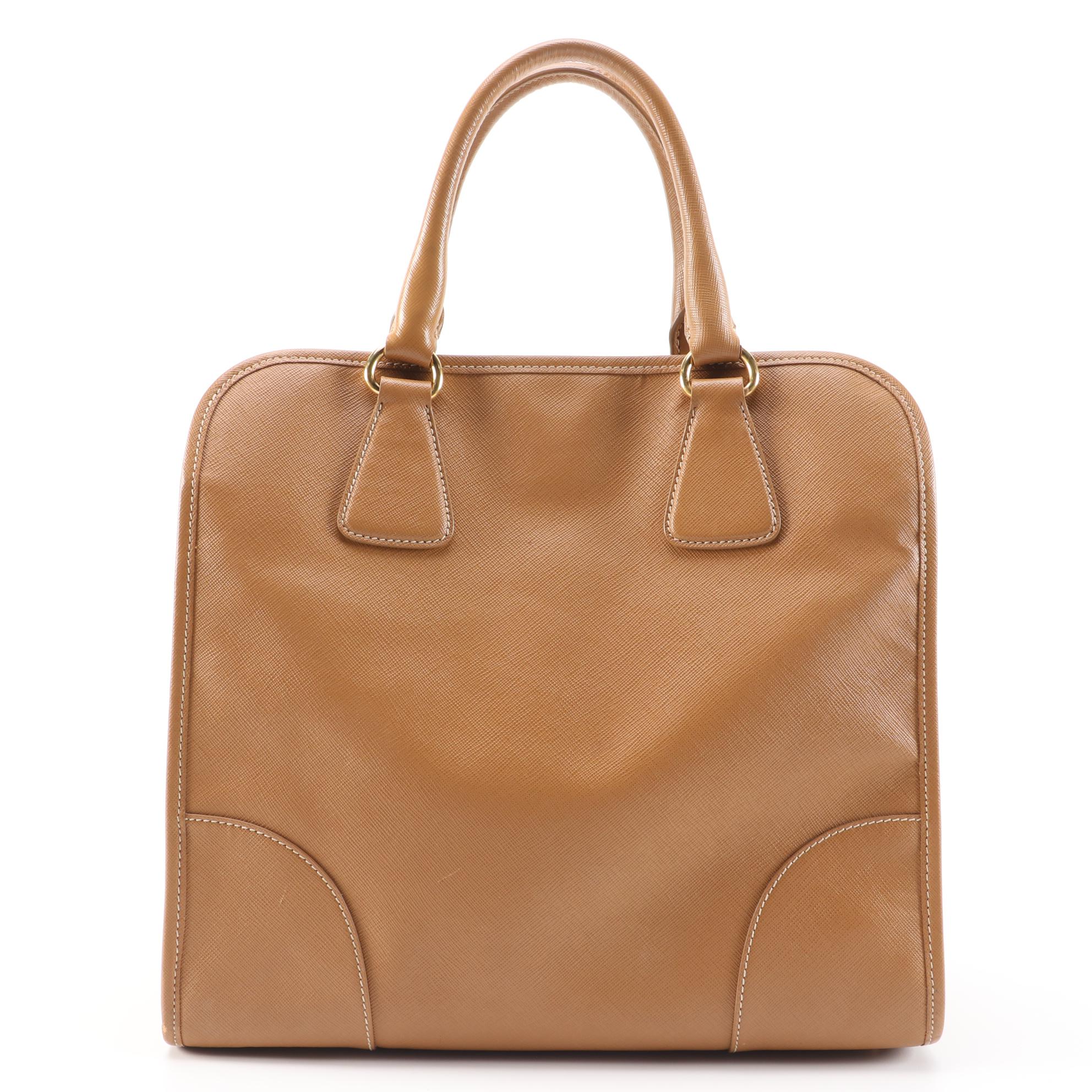 Prada Saffiano Leather Handbag in Cinnamon with Contrast Stitching