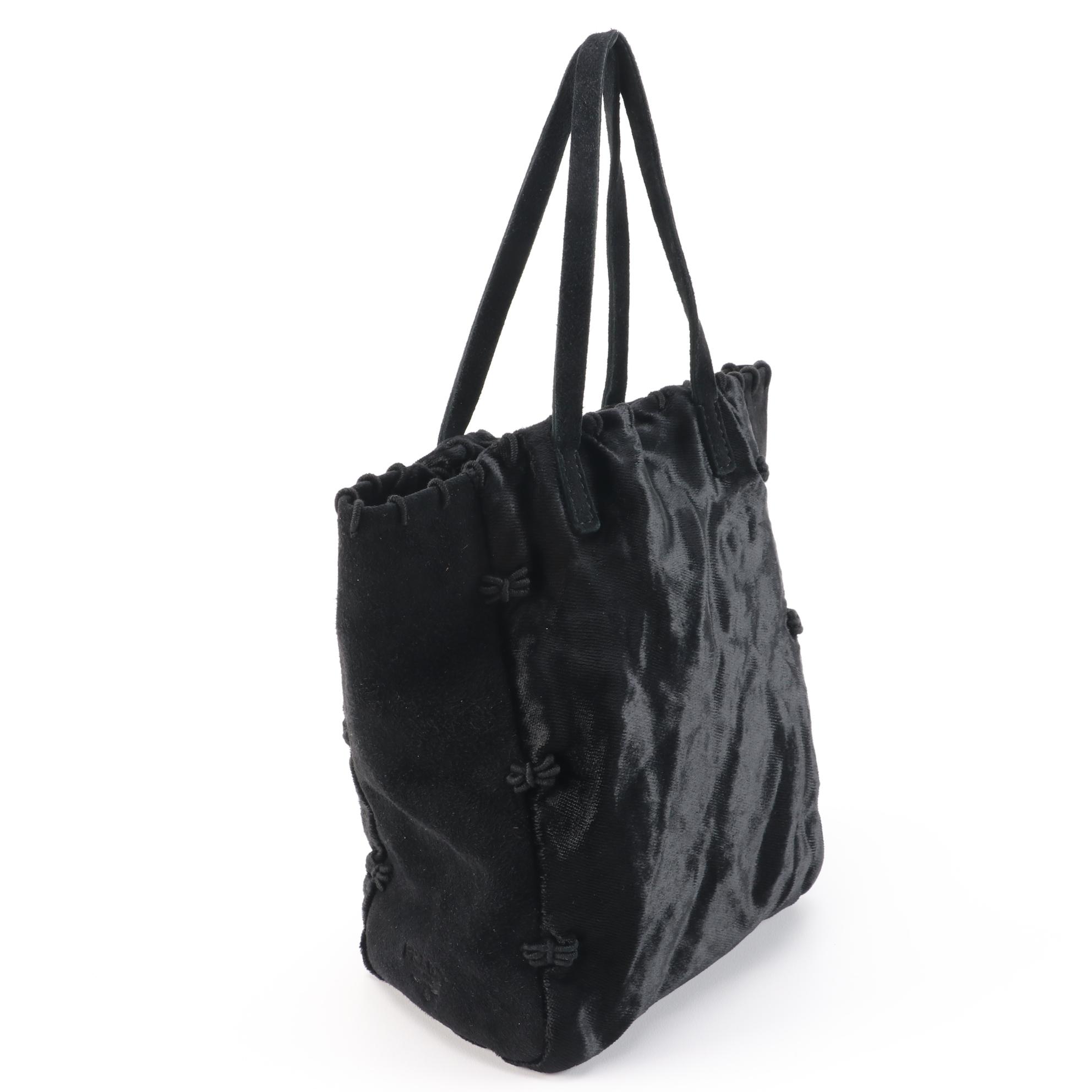 Prada Black Velour and Suede Mini Bucket Tote with Decorative Stitching