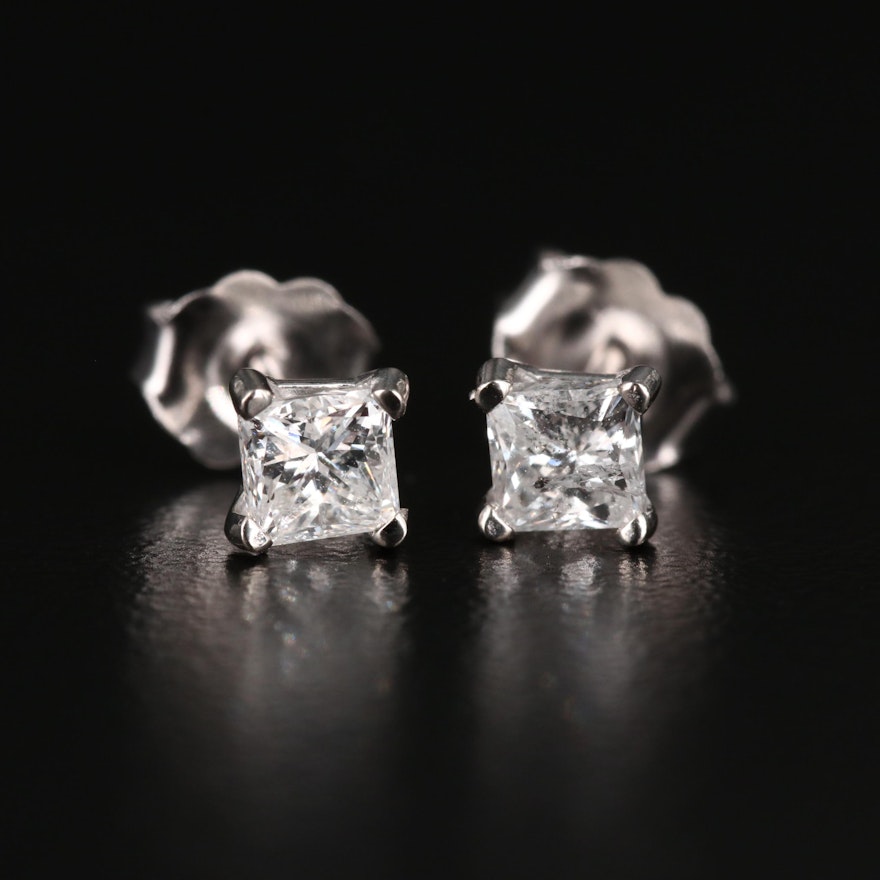 14K Gold Princess Cut 0.59 CTW Diamond Stud Earrings