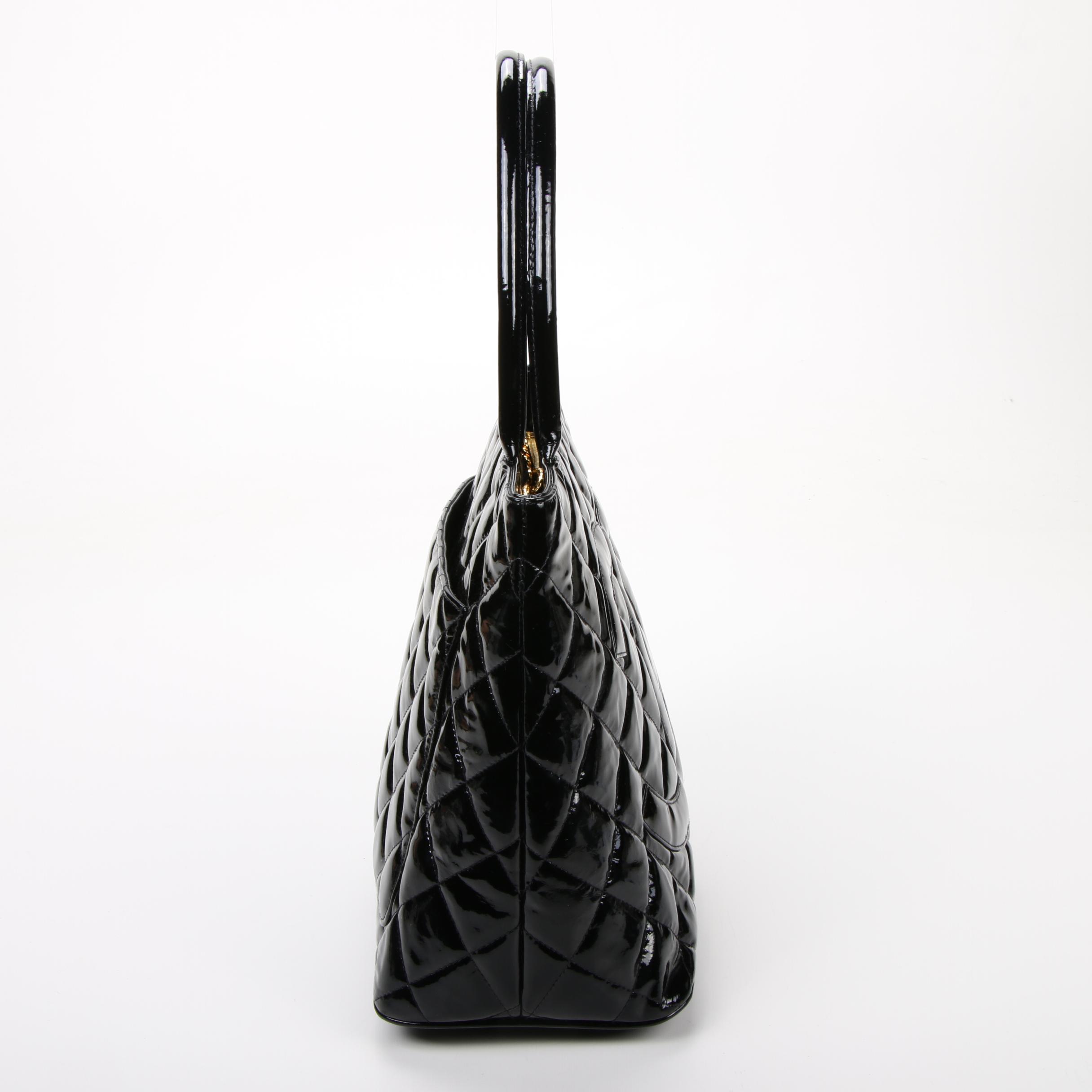 Chanel CC Medallion Tote Bag in Black Quilted Patent Leather