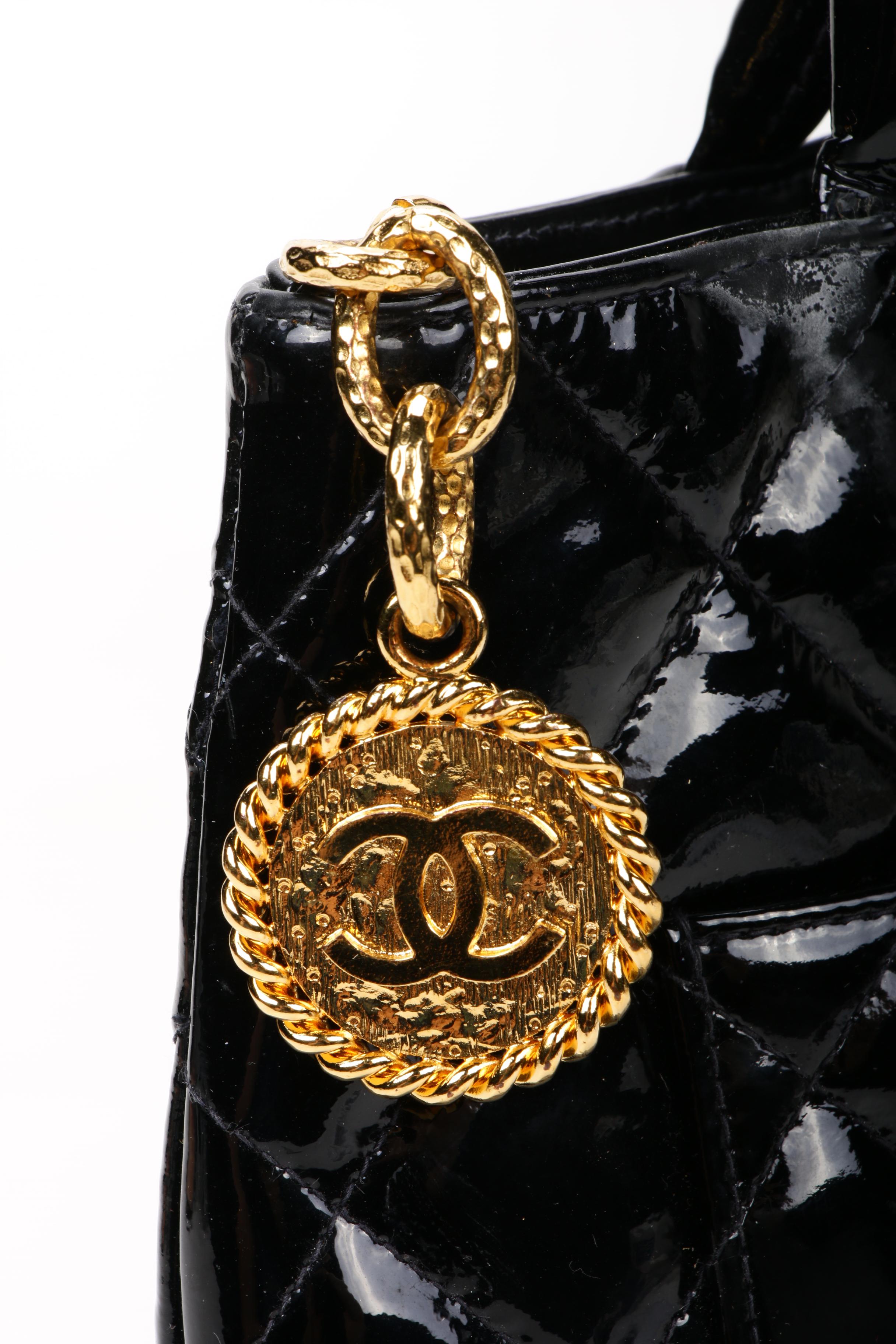 Chanel CC Medallion Tote Bag in Black Quilted Patent Leather