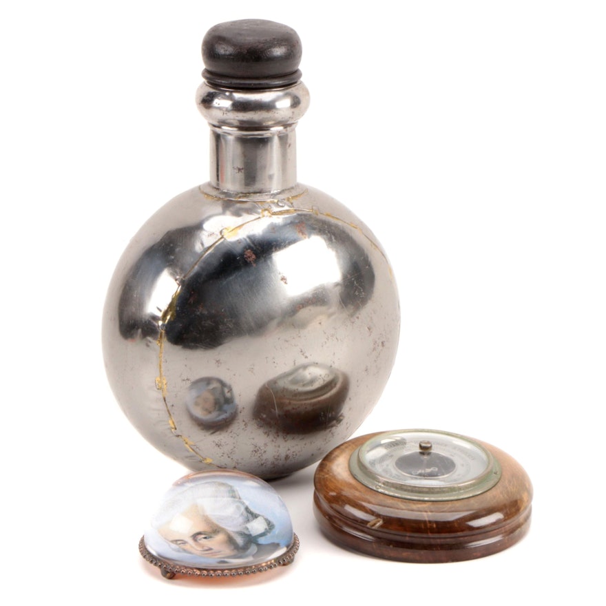 Sufft Barometer with Metal Canteen and Glass Dome Paperweight