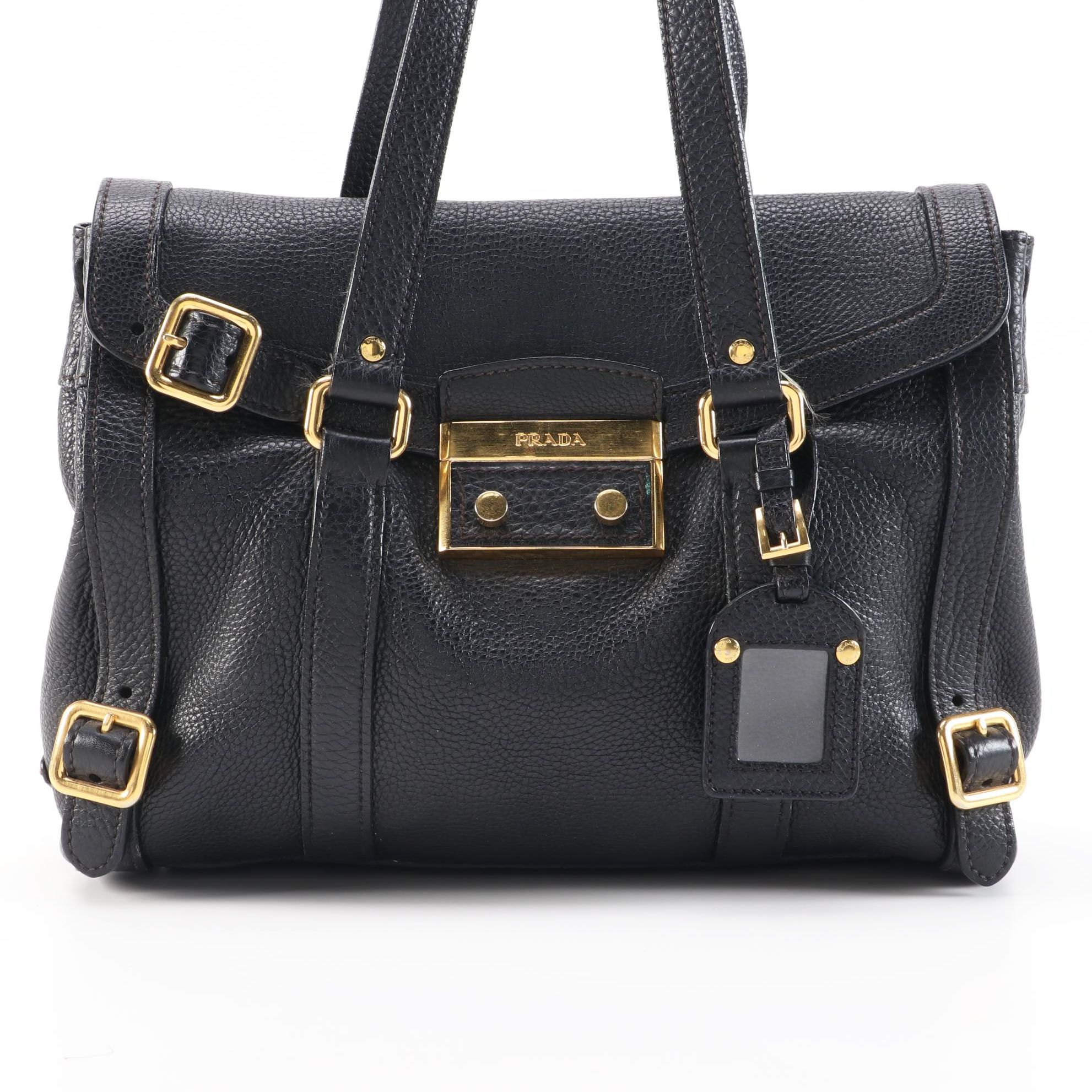 Prada Black Vitello Daino Leather Shoulder Bag with Buckle Strap Trim Accents
