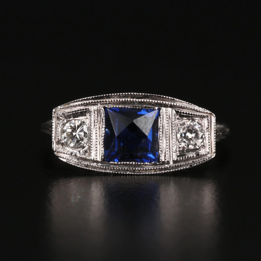 Art Deco Reproduction 14K Sapphire and Diamond Ring