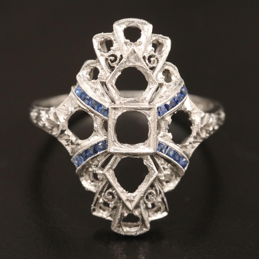 Art Deco Platinum Sapphire Semi-Mount Ring