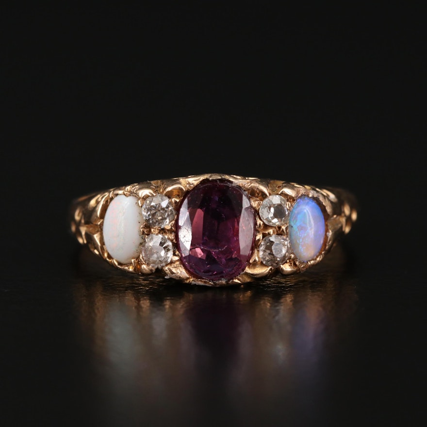 Victorian 18K Ruby and Opal Ring with Diamond Accents