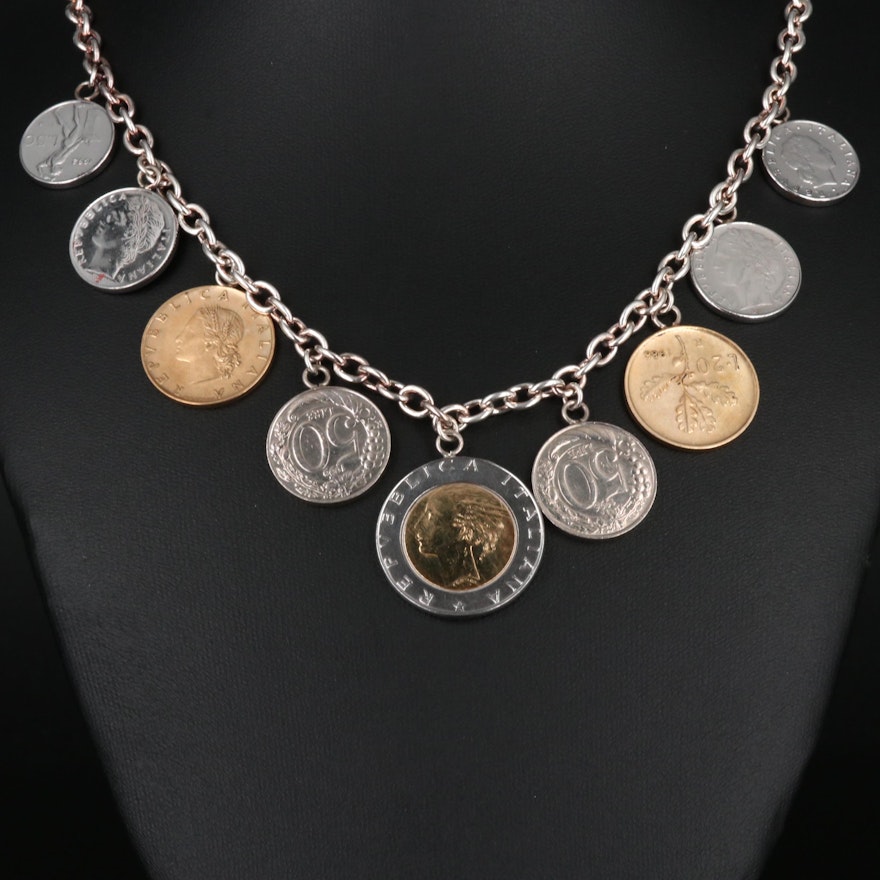 Sterling Station Necklace with Modern Italian Coins