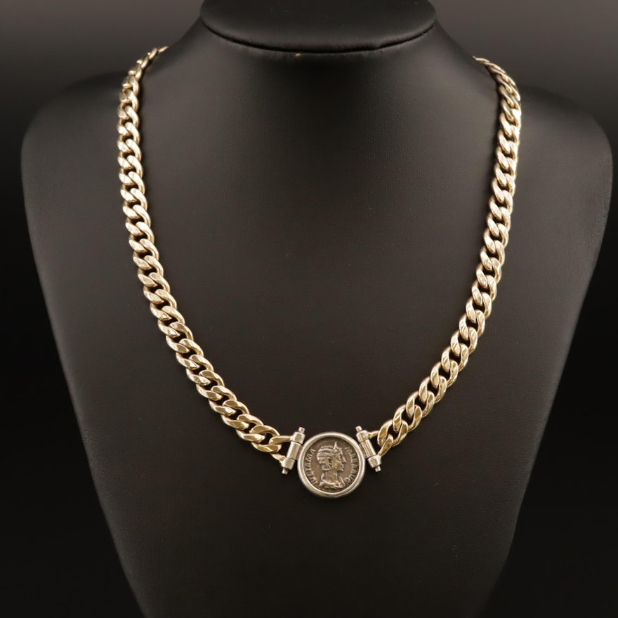 Sterling Silver Curb Chain Necklace with Reproduction Roman Denarius Coin