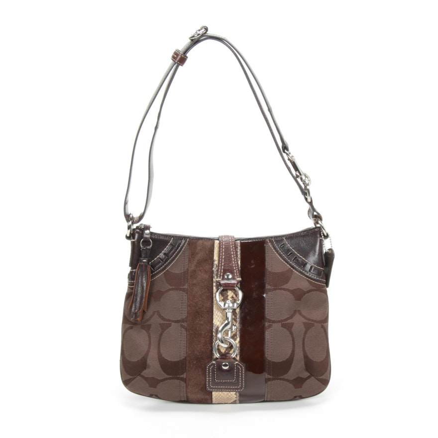 Coach Brown Leather, Suede, Canvas and Snakeskin Print Shoulder Bag