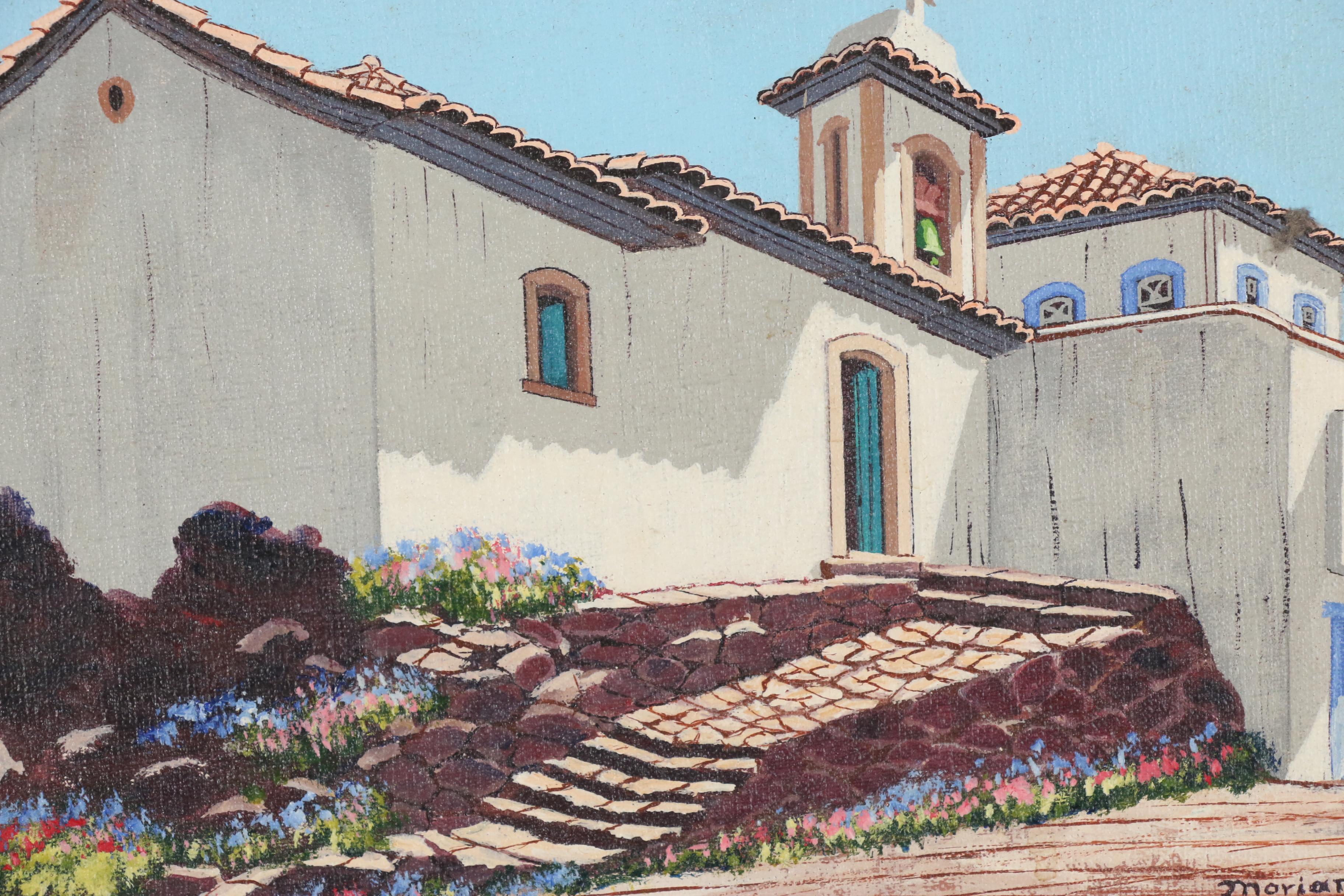 Hugo Moriani Oil Painting of Mission Style Church in Vitoria, Brazil