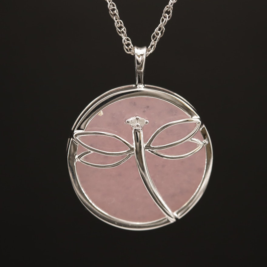 Sterling Rose Quartz and Diamond Dragonfly Necklace