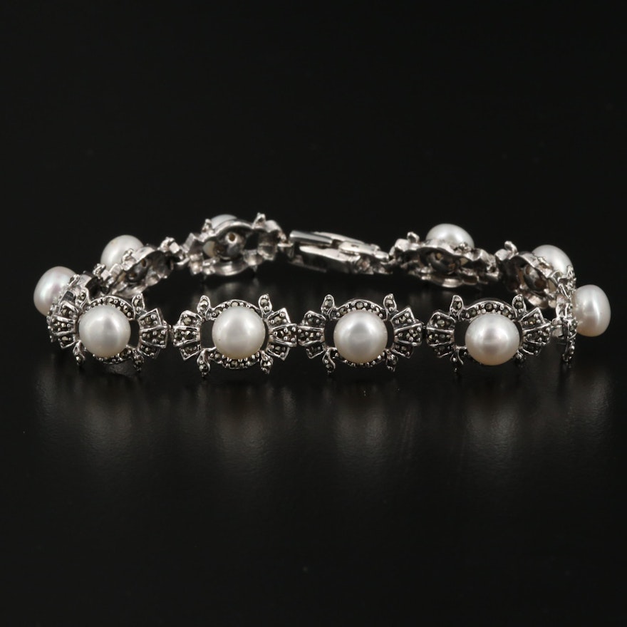 Sterling Silver Marcasite and Pearl Link Bracelet